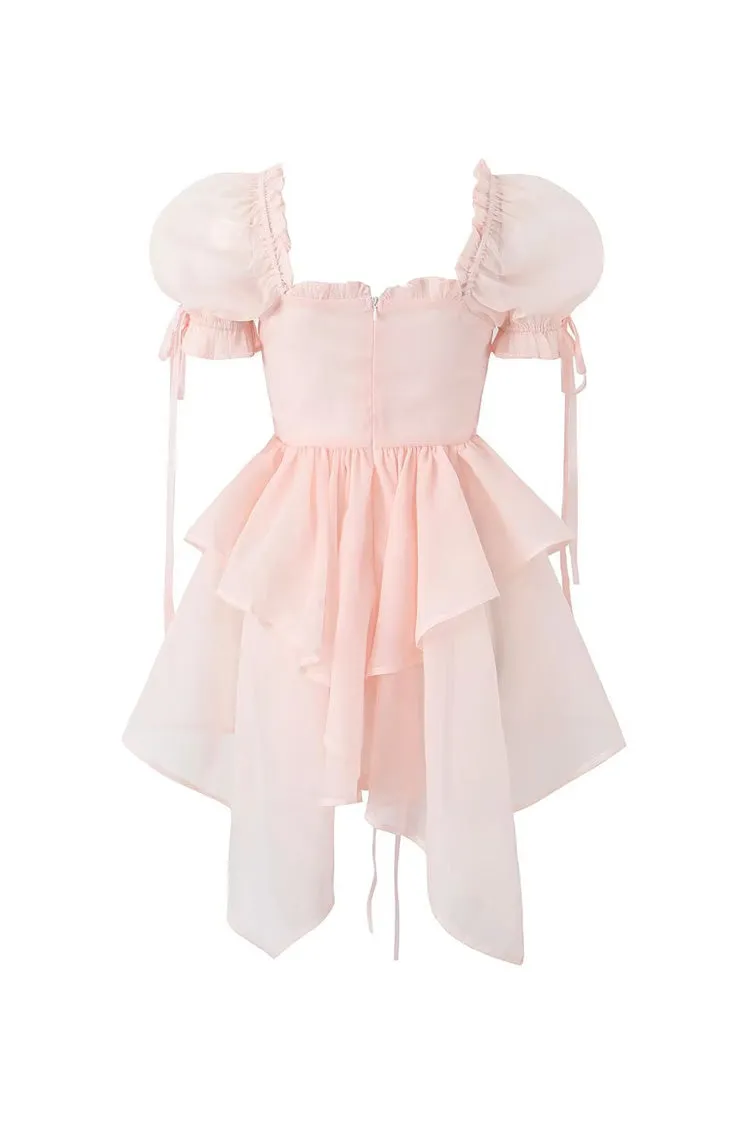 Asymmetric Bow Tie Puff Sleeve Lace Up Organza Summer Ruffle Tiered Mini Dress