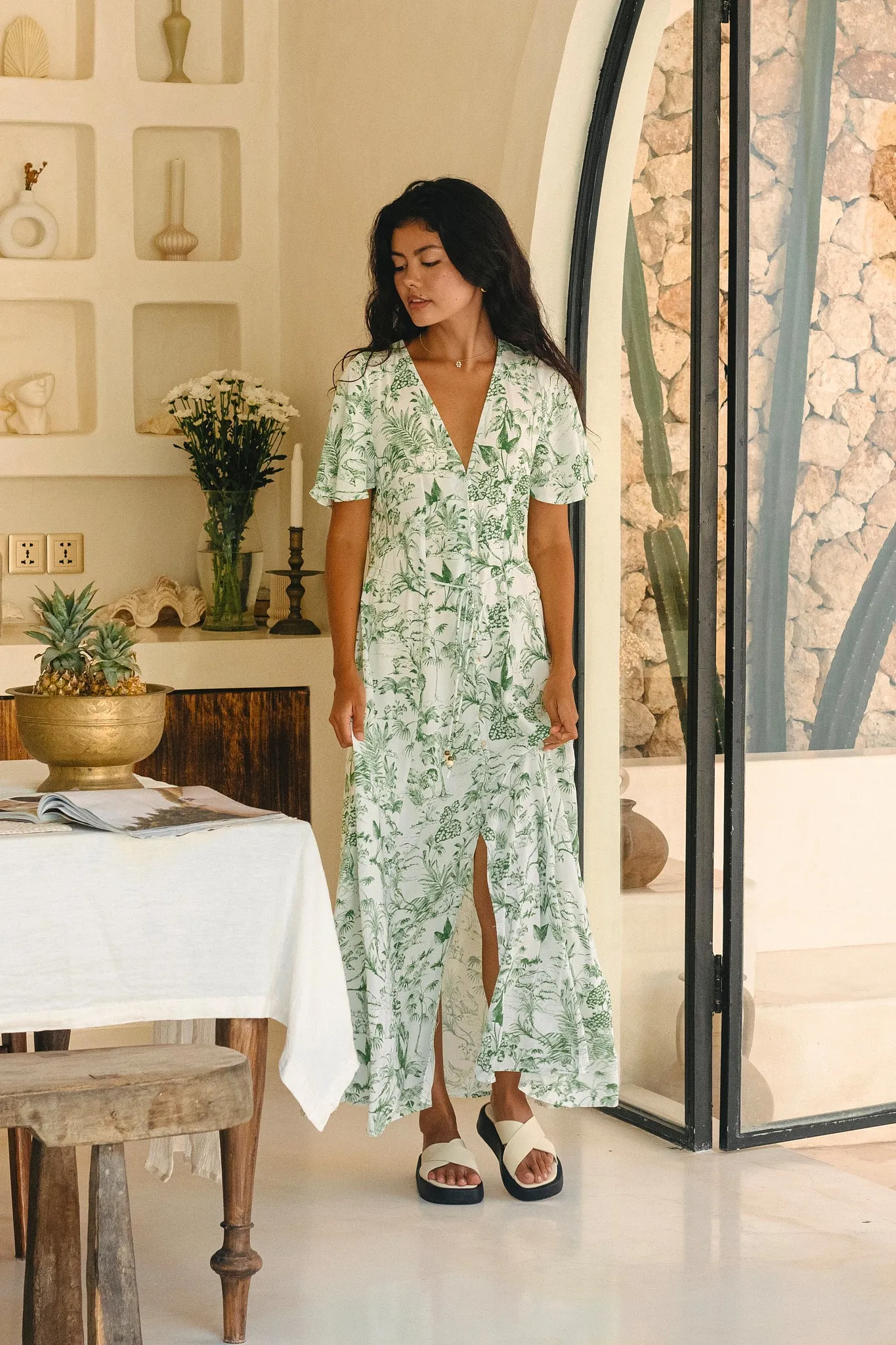 Avani Green Tropical Floral Button Down Maxi Dress