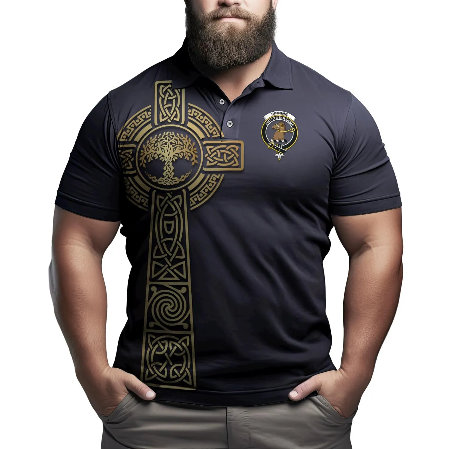 Binning Clan Polo Shirt with Golden Celtic Tree Of Life