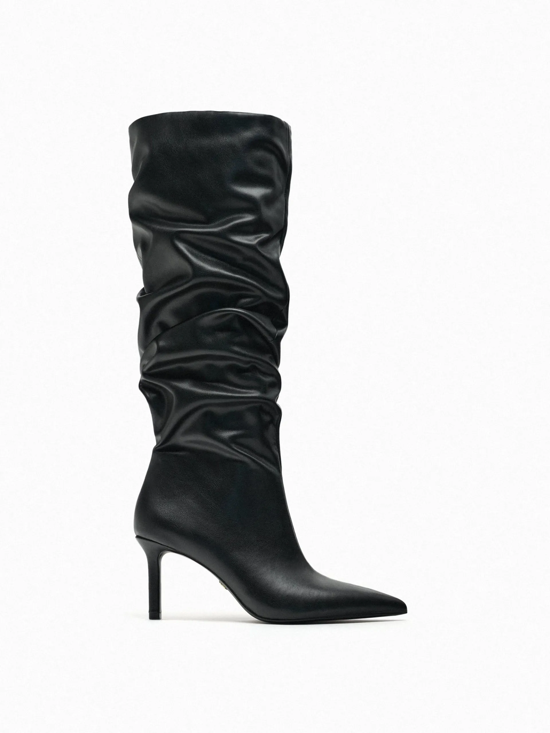 Black leather high-heeled boots