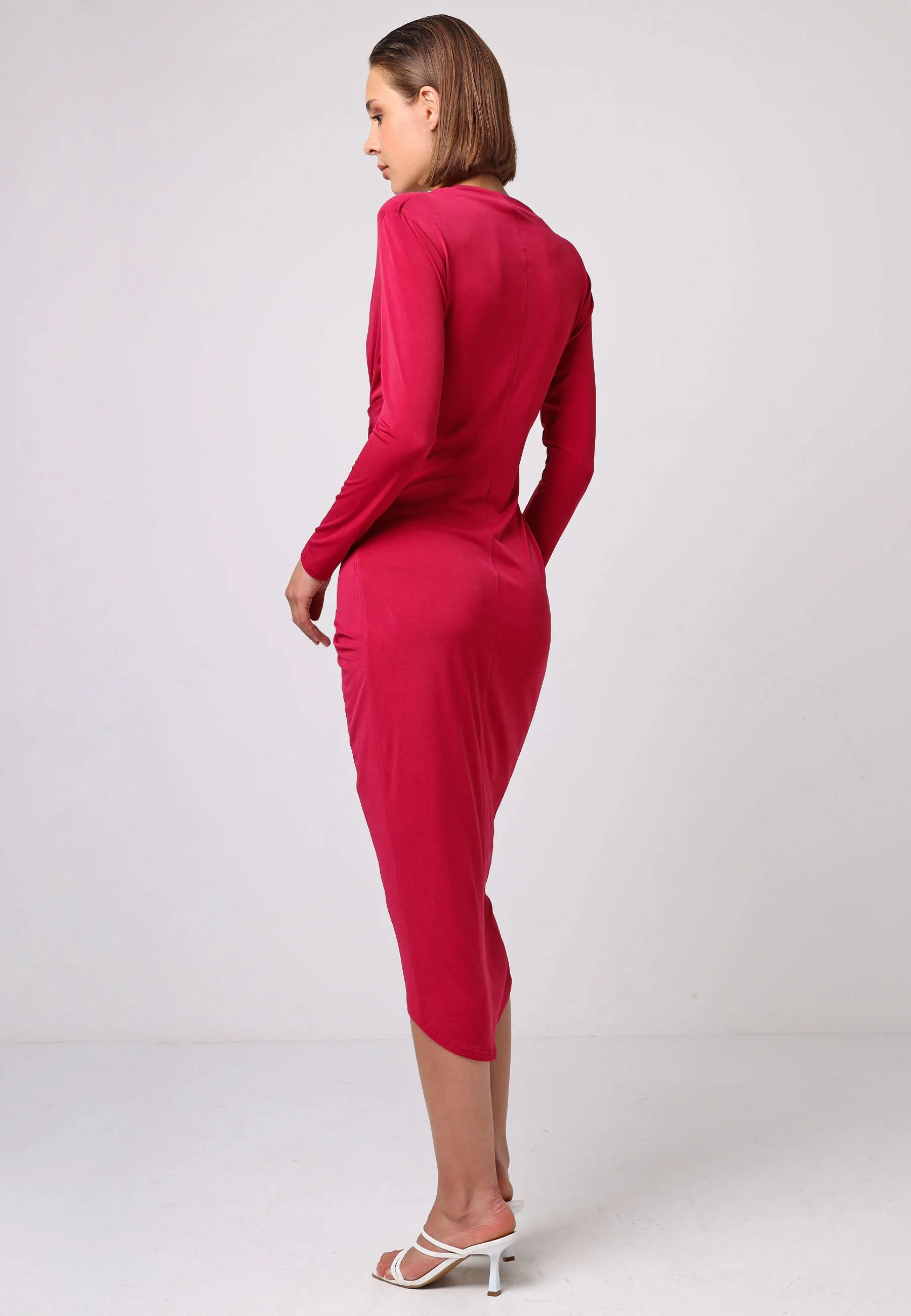 Bodycon Wrap Midi Dress With Long Sleeves In Fuchsia