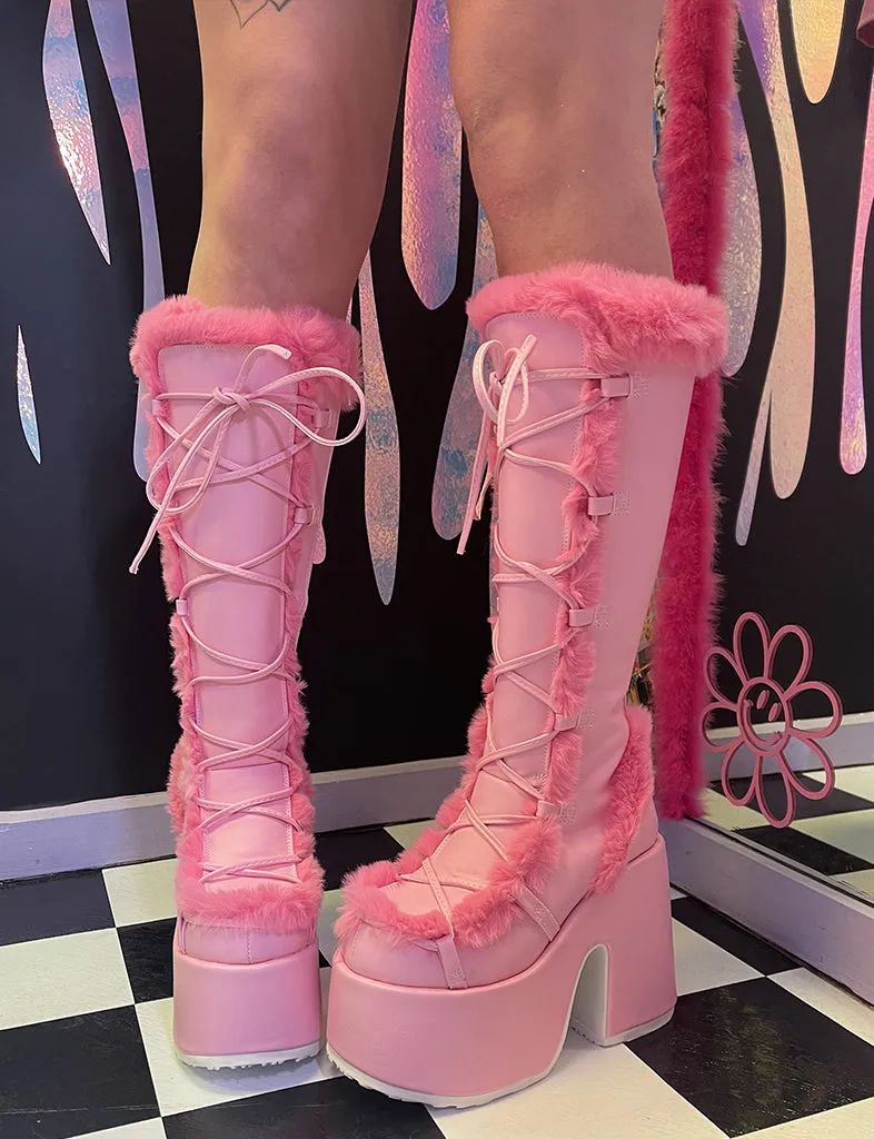 DEMONIA CAMEL 311 PLATFORM BOOTS - PINK/HOT PINK FUR