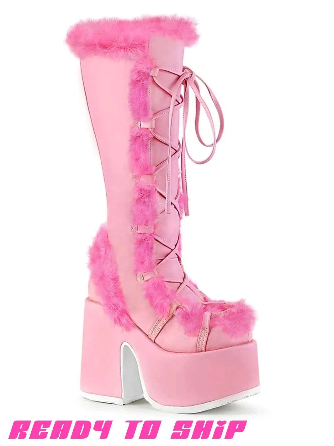 DEMONIA CAMEL 311 PLATFORM BOOTS - PINK/HOT PINK FUR