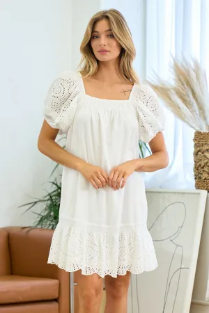 Doe & Rae White Embroidered Dress With Puff Sleeves