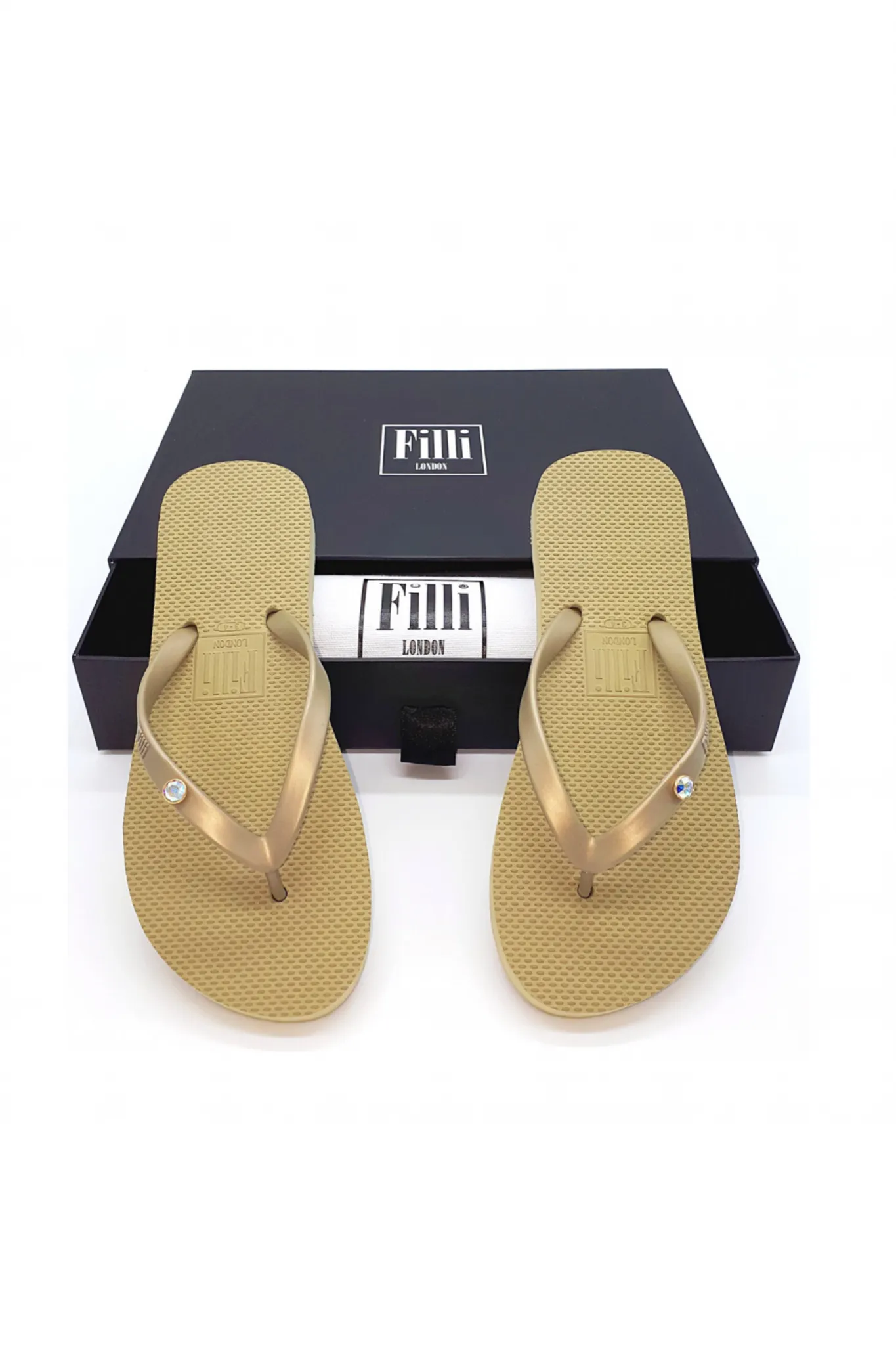 Filli London Aurora Crystal Luxury Flip Flops - Gold