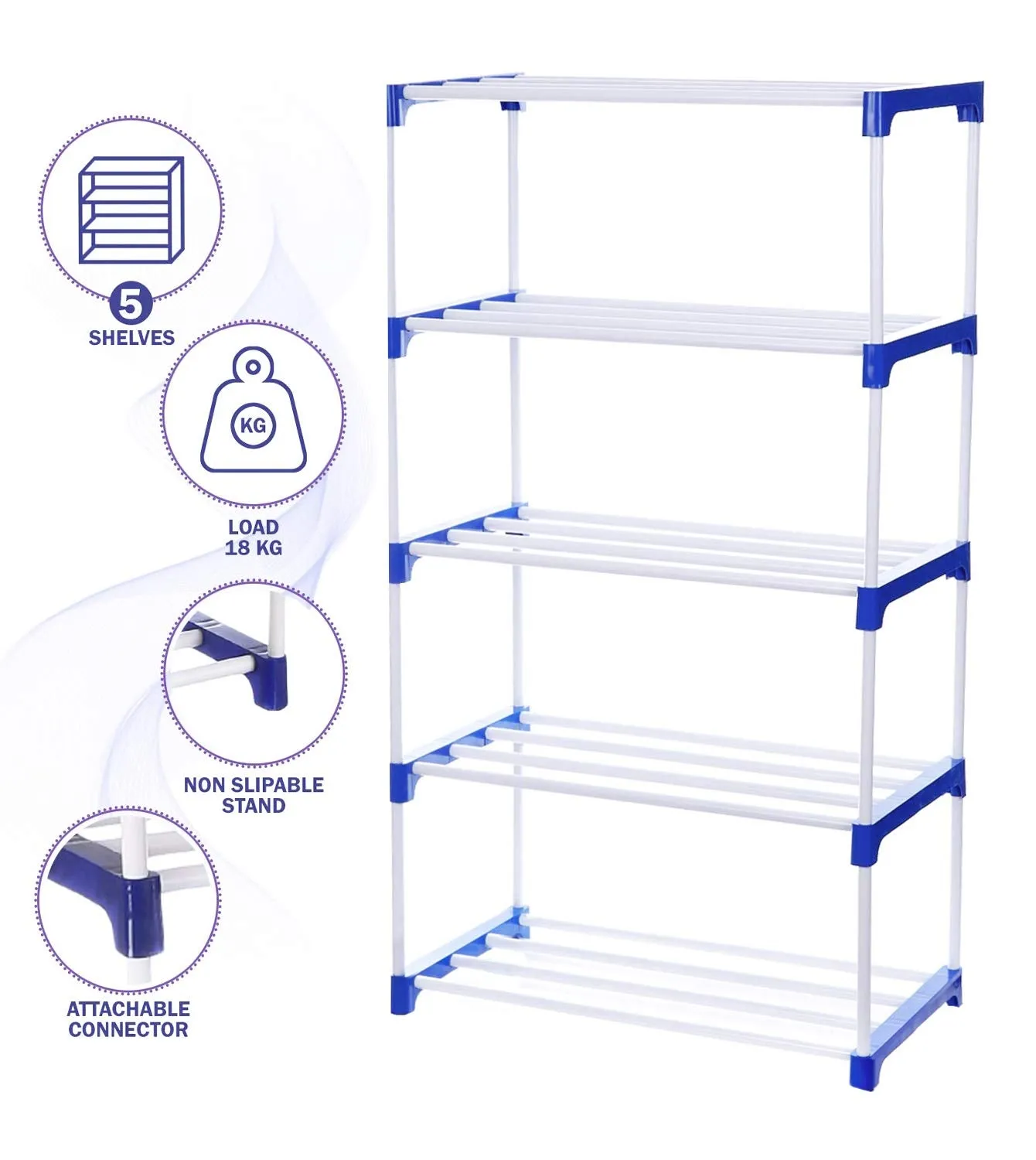 FLIPZON Multipurpose Metal, Plastic Rack Organizer for Shoe/Clothes/Books - (65.5 (L) x 32.5 (B) x 121 (H) Cms) (Need to Be Assemble - DIY) Rust-Proof - Medium- 5 Shelve