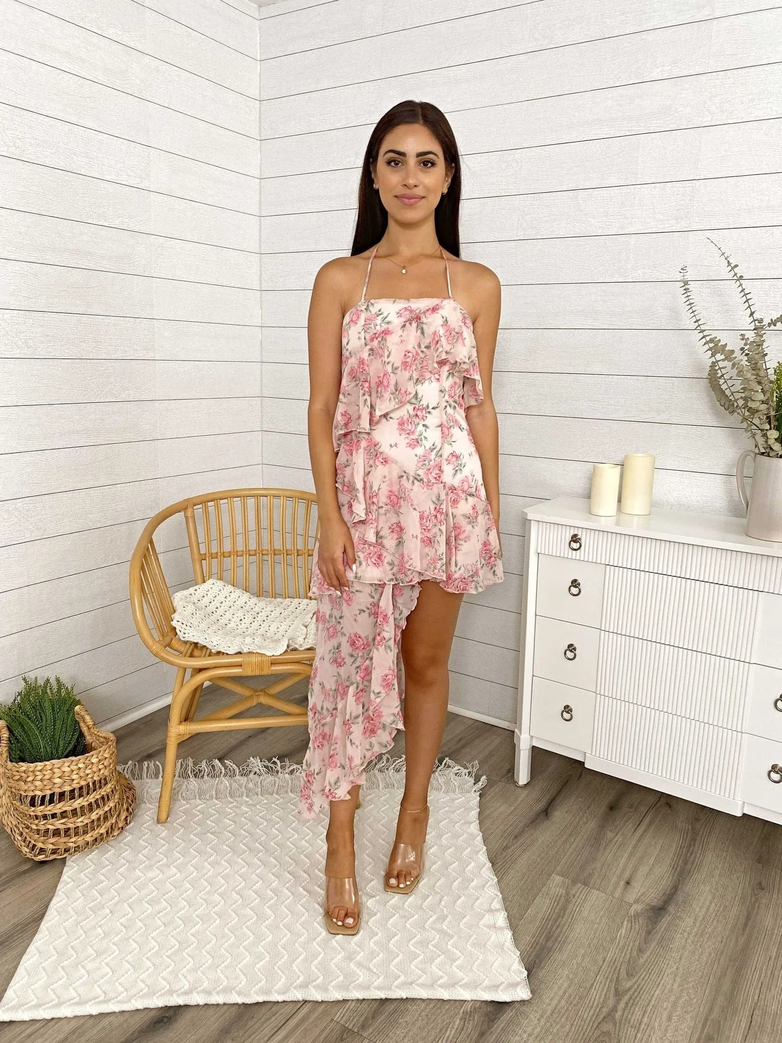 Floral Asymmetrical Hem Halter Ruffled Tiered Dress