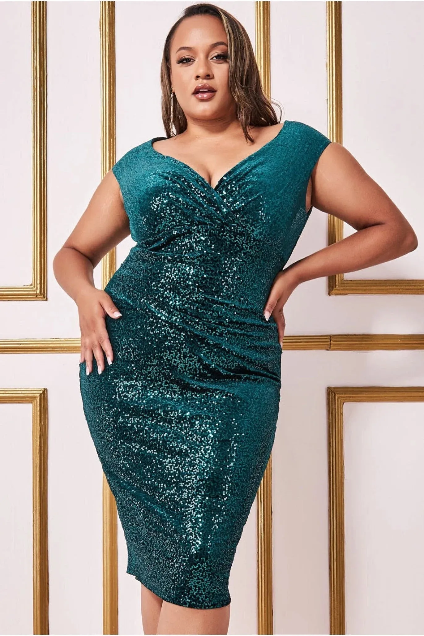 Goddiva Plus Sequin & Velvet Bardot Midi