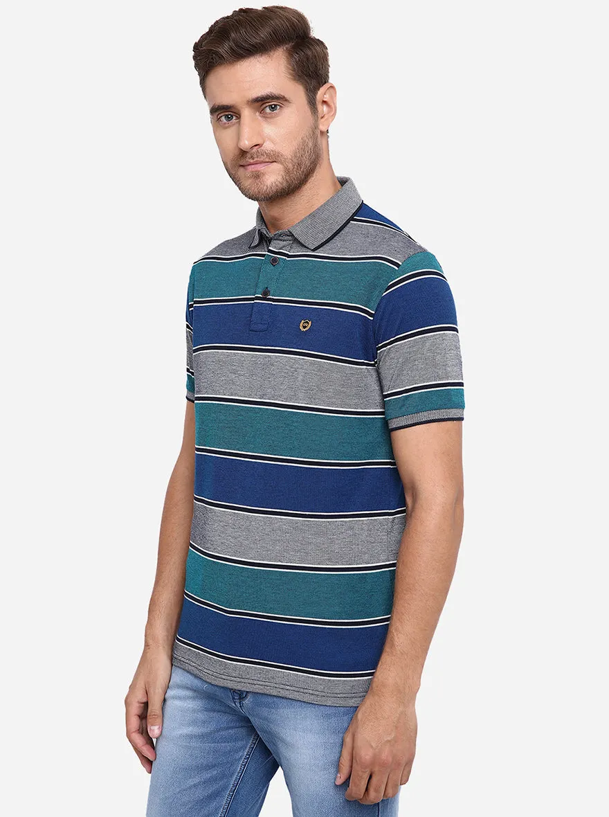 Green & Grey Striped Slim Fit Polo T-Shirt | JadeBlue