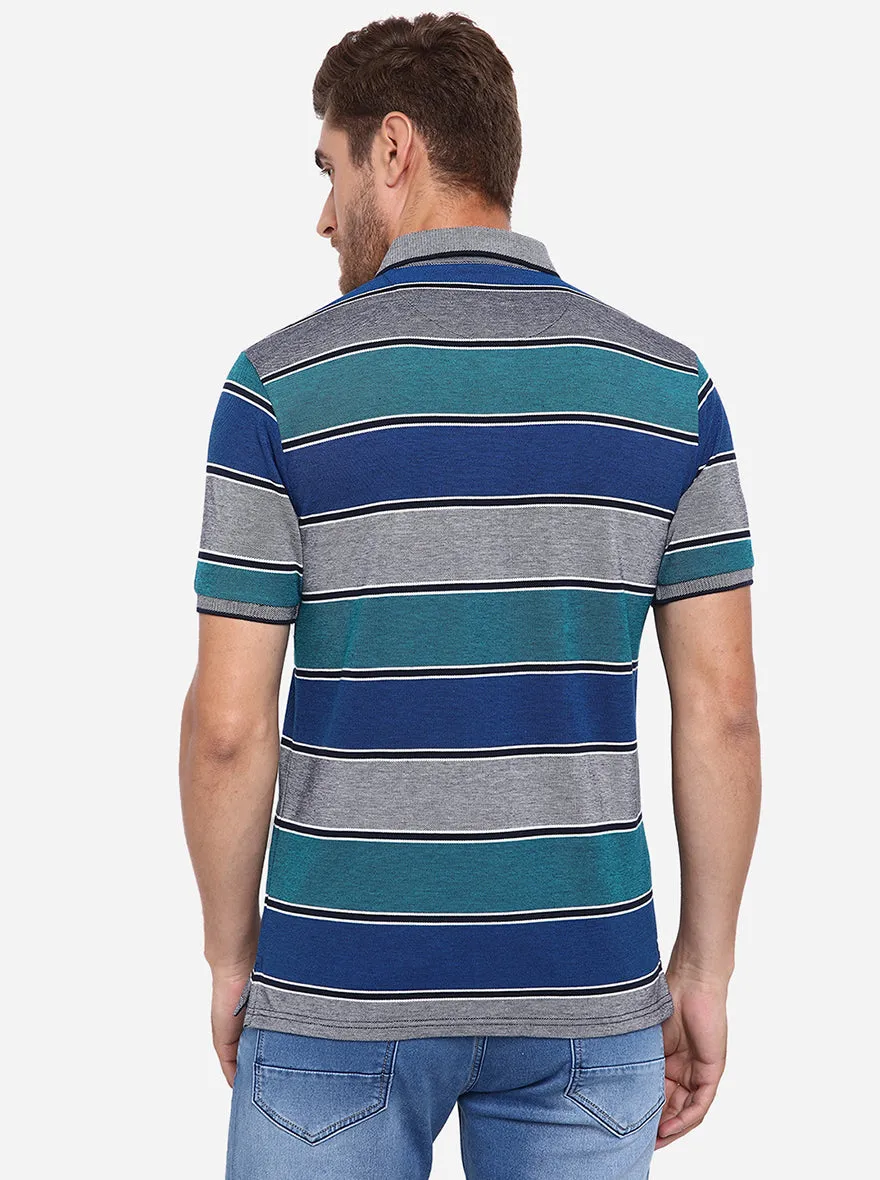 Green & Grey Striped Slim Fit Polo T-Shirt | JadeBlue