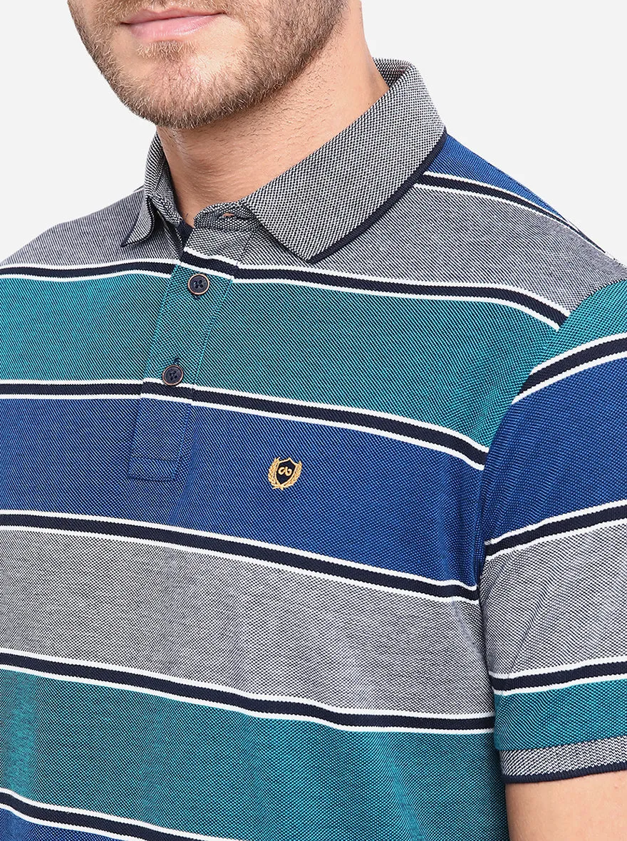 Green & Grey Striped Slim Fit Polo T-Shirt | JadeBlue