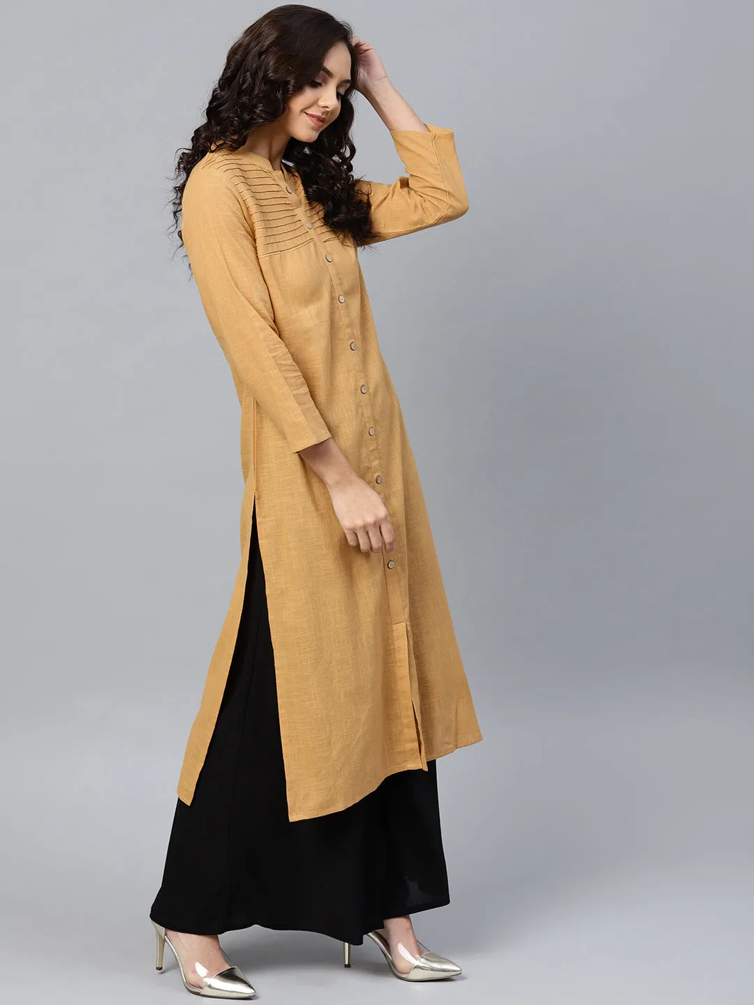 Jashvi Women Beige Cotton Straight Kurta with Pintucks