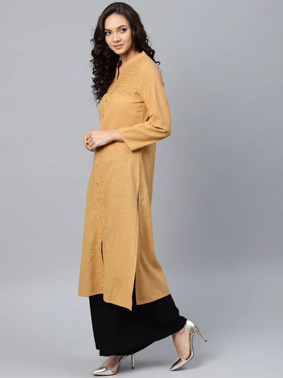 Jashvi Women Beige Cotton Straight Kurta with Pintucks