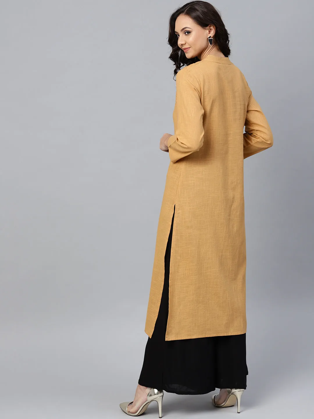 Jashvi Women Beige Cotton Straight Kurta with Pintucks