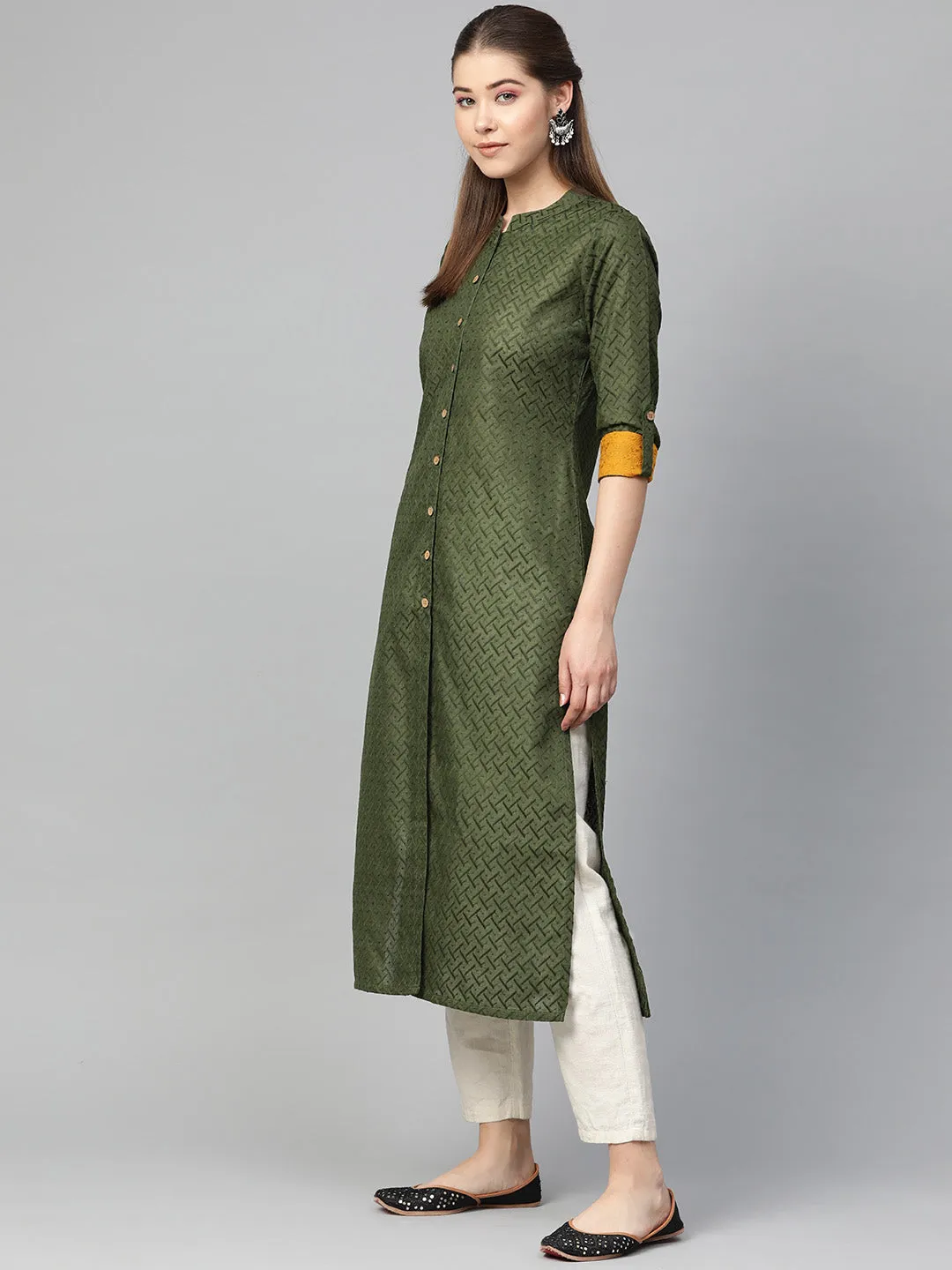 Jashvi Women Olive Green Woven Design Straight Kurta