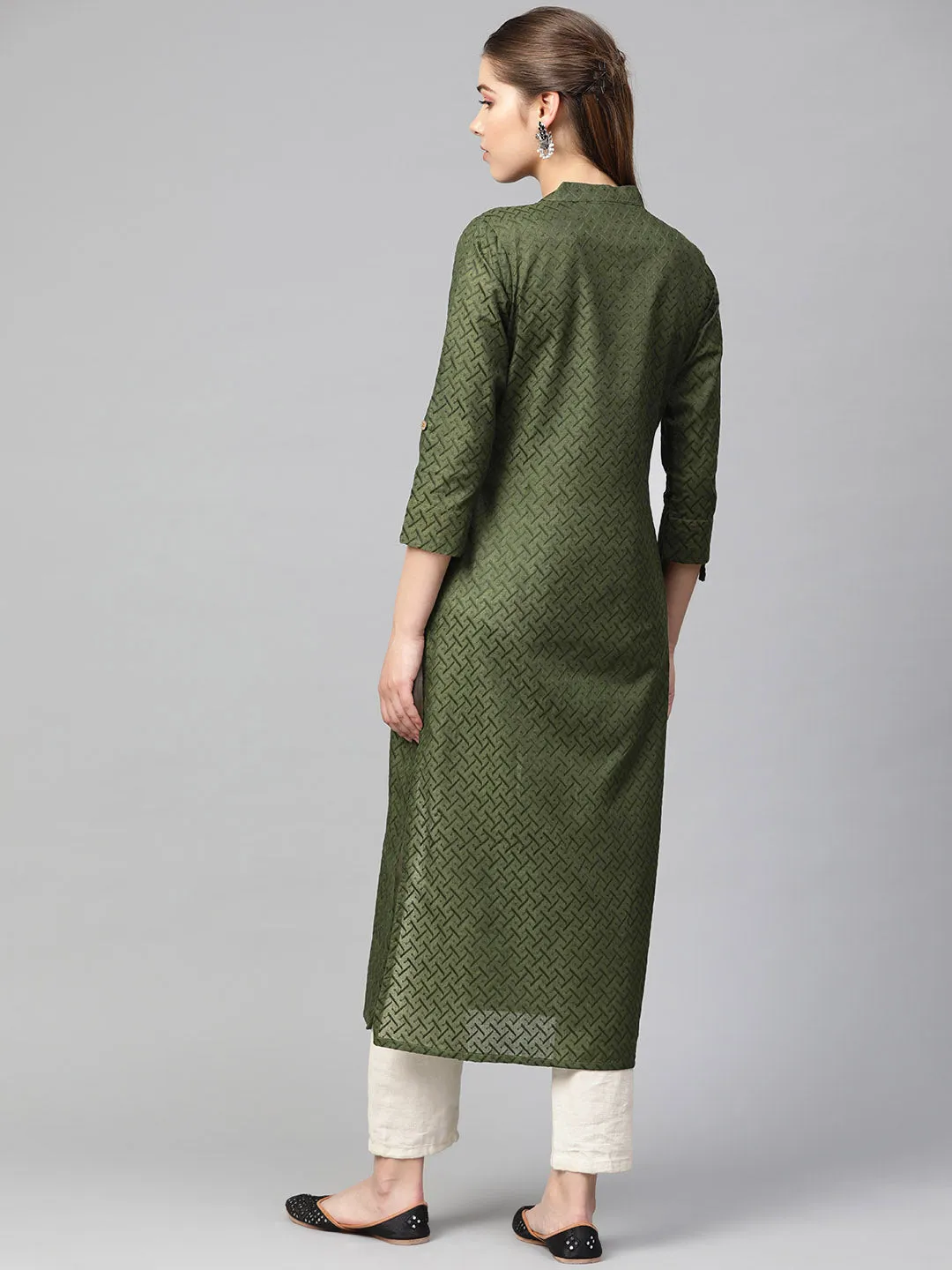 Jashvi Women Olive Green Woven Design Straight Kurta