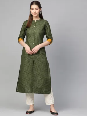 Jashvi Women Olive Green Woven Design Straight Kurta