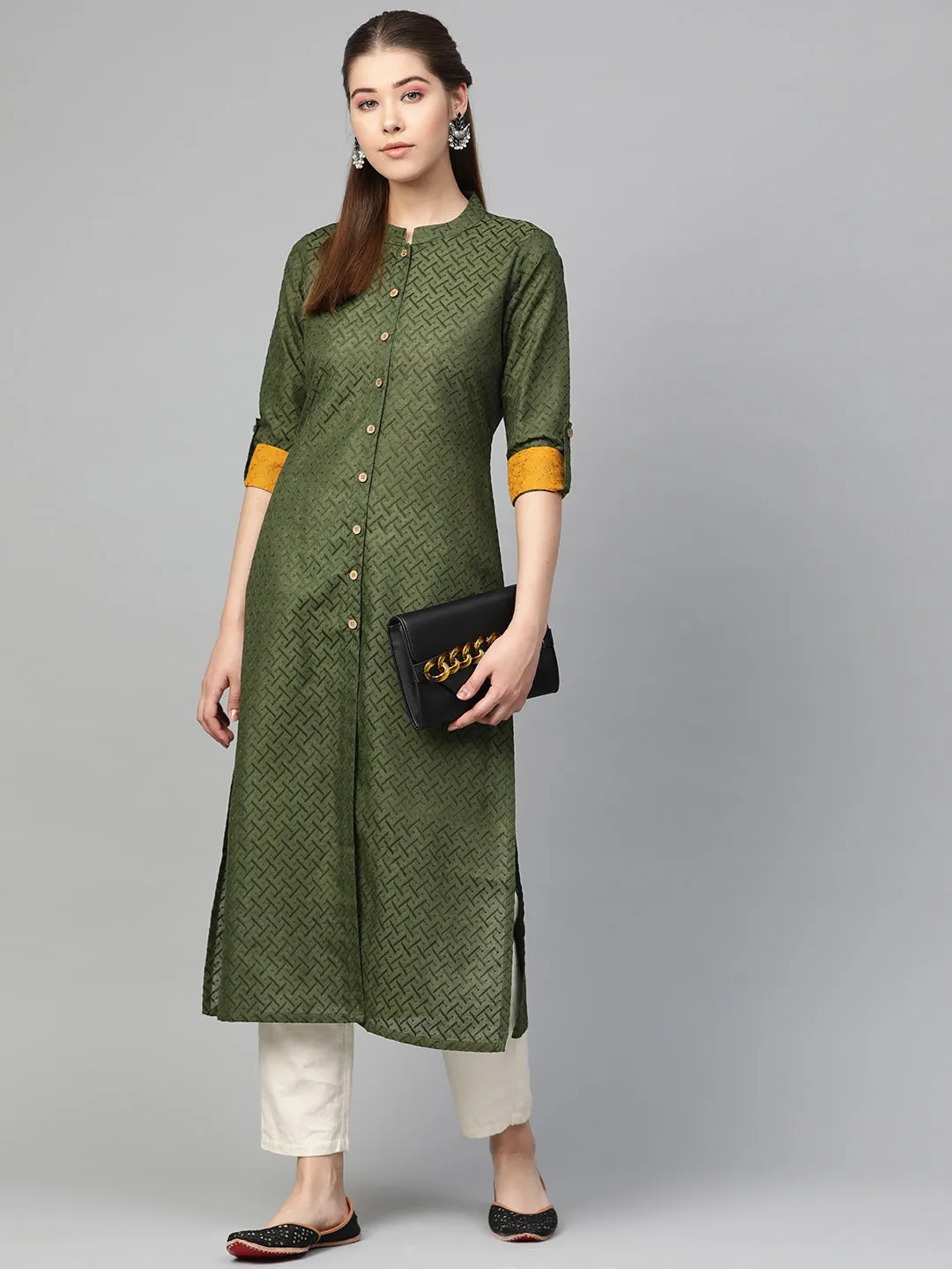 Jashvi Women Olive Green Woven Design Straight Kurta