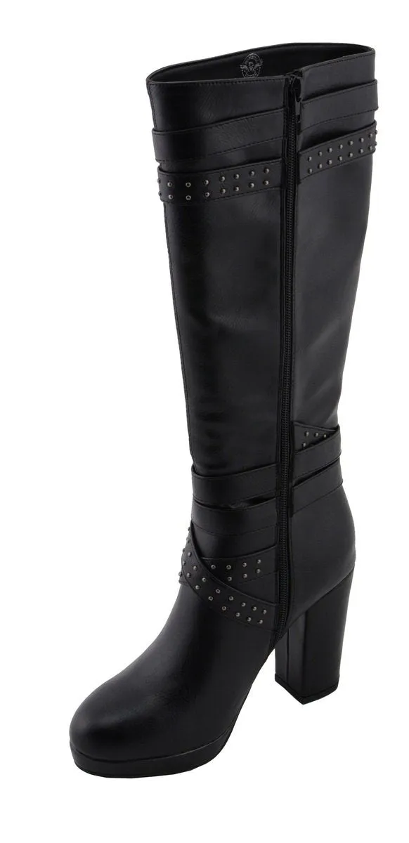 Milwaukee Leather MBL9422 Women's Tall Black Studded Strap Fashion Casual Boots with Platform Heel