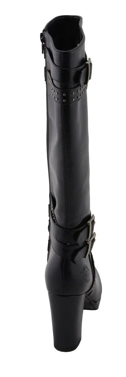 Milwaukee Leather MBL9422 Women's Tall Black Studded Strap Fashion Casual Boots with Platform Heel