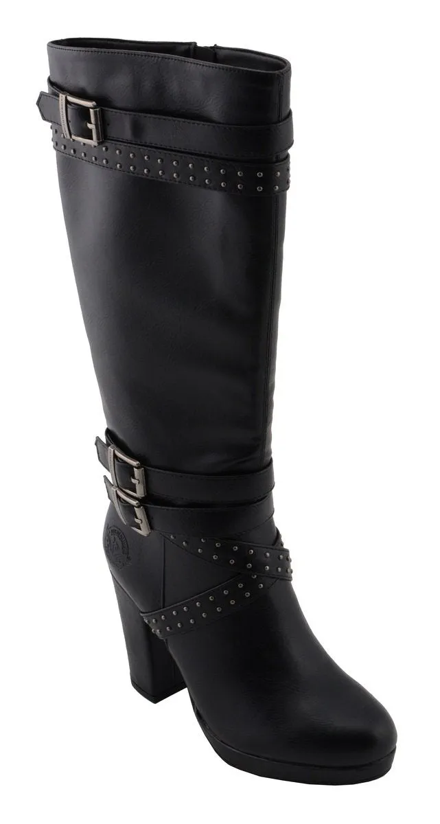 Milwaukee Leather MBL9422 Women's Tall Black Studded Strap Fashion Casual Boots with Platform Heel