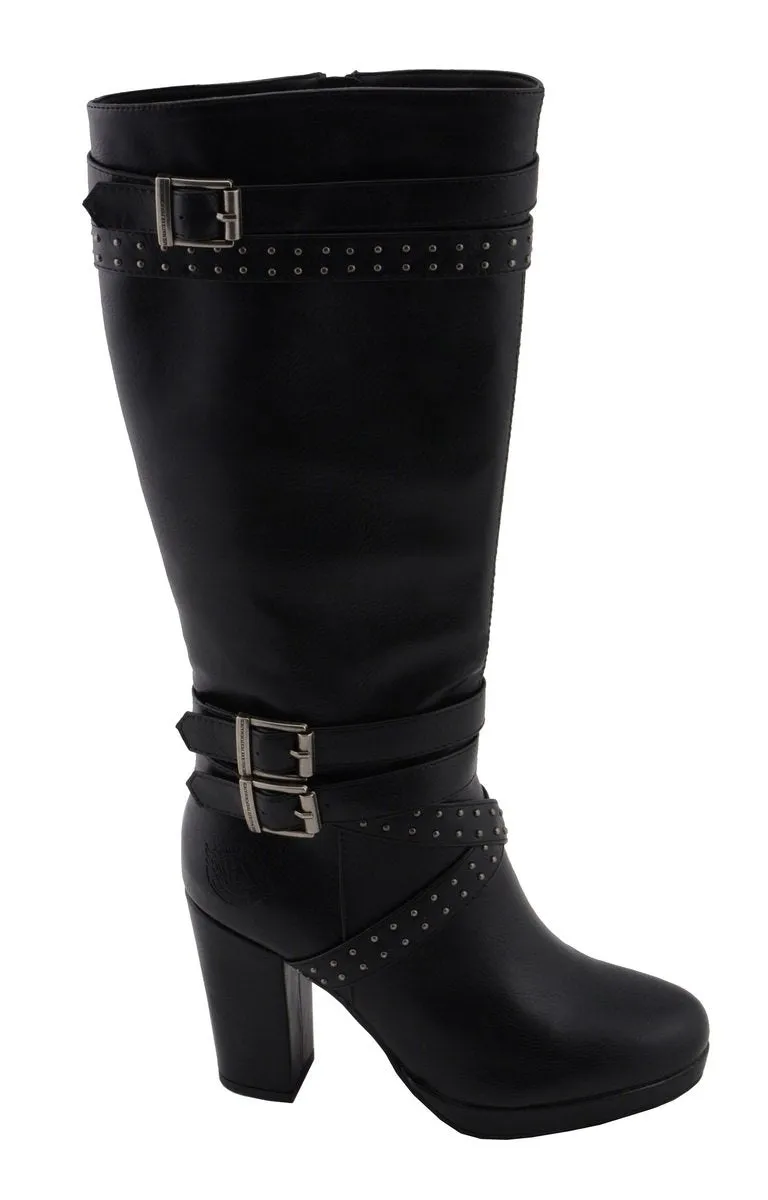 Milwaukee Leather MBL9422 Women's Tall Black Studded Strap Fashion Casual Boots with Platform Heel