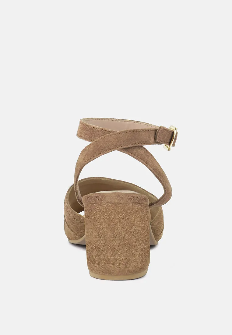 MON-BEAU Fine Suede Block Heeled Sandal in Tan