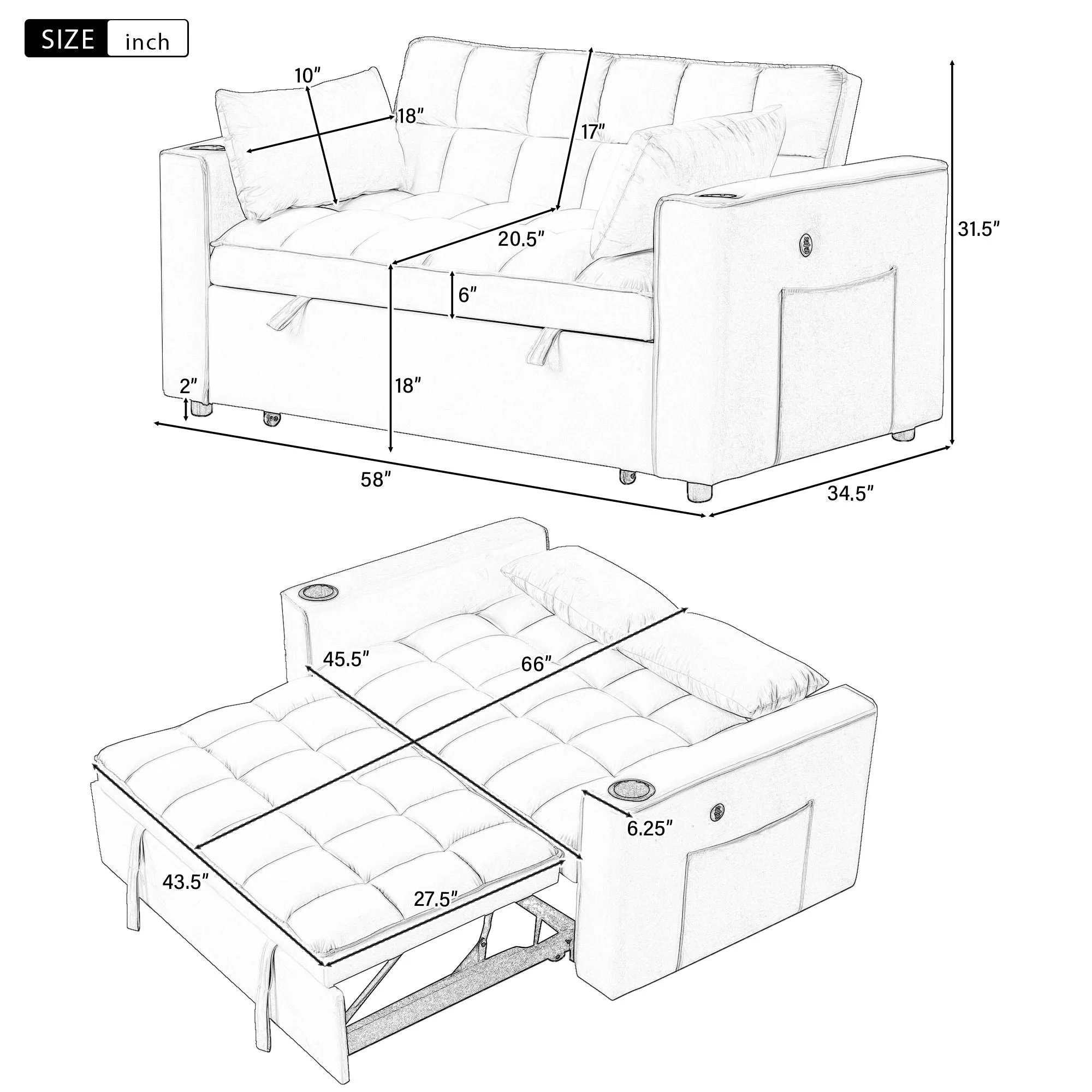 Multi Functional Sofa Bed With Cup Holder And USB Port For Living Room Or Apartments