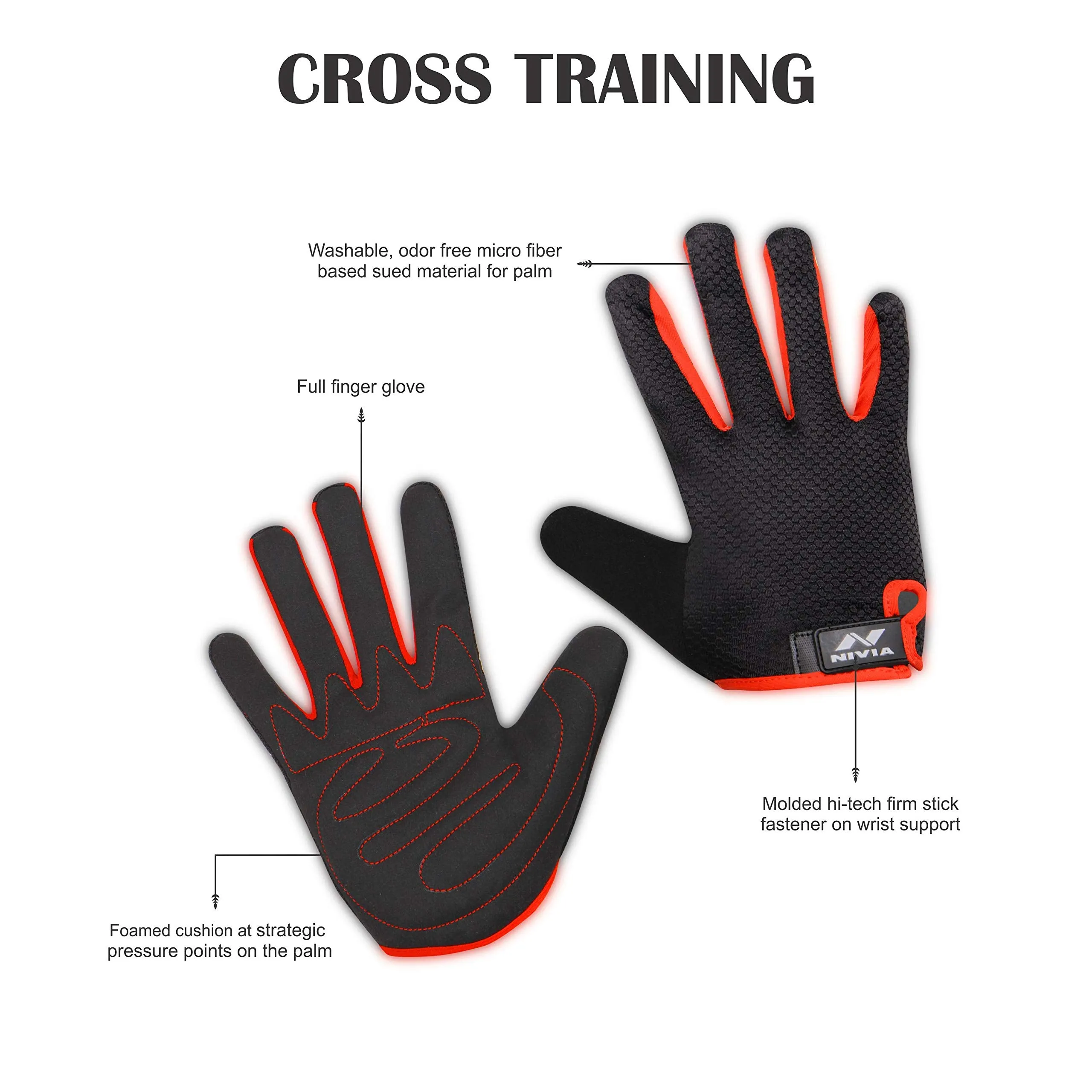 Nivia Men Cross Training Gym Gloves Full finger gloves,Perfect for Weight Lifting,Training,Gym workout,Crossfit,pull-ups,Bodybuilding,Strong Grip Gym Gloves (L, Black/Red)