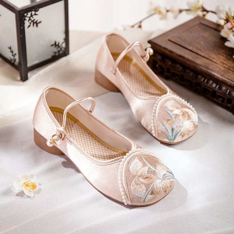 Orchid Flower Embroidery Ankle Strap Low Heel Shoes