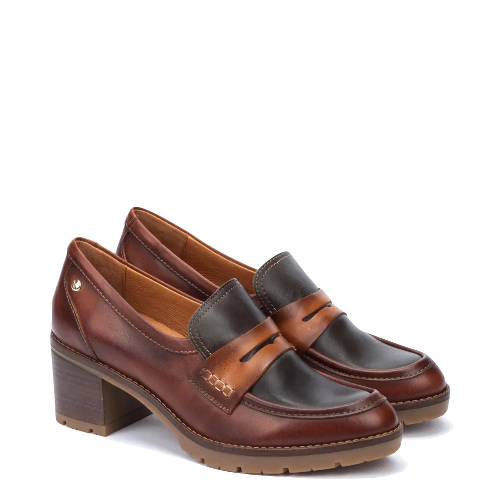 Pikolinos Women's Llanes Heeled Leather Loafer in Cognac