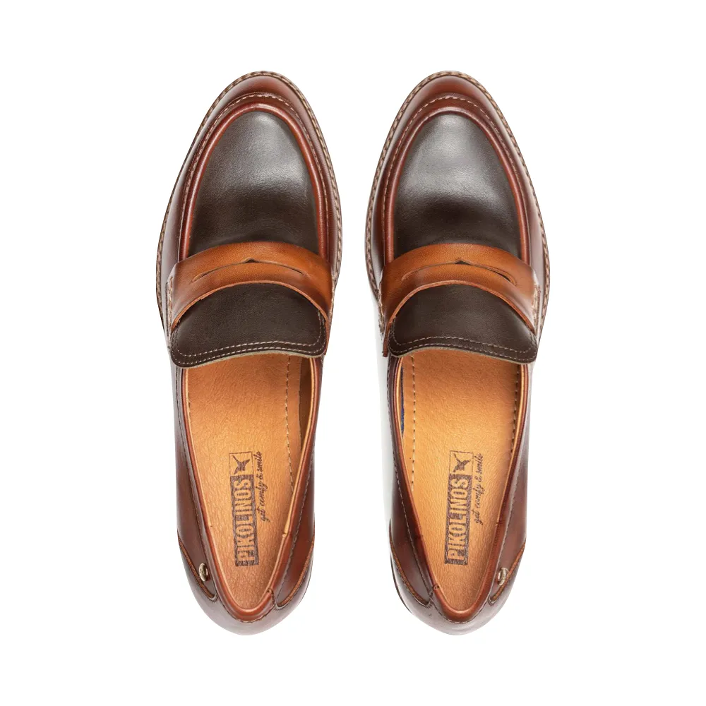 Pikolinos Women's Llanes Heeled Leather Loafer in Cognac