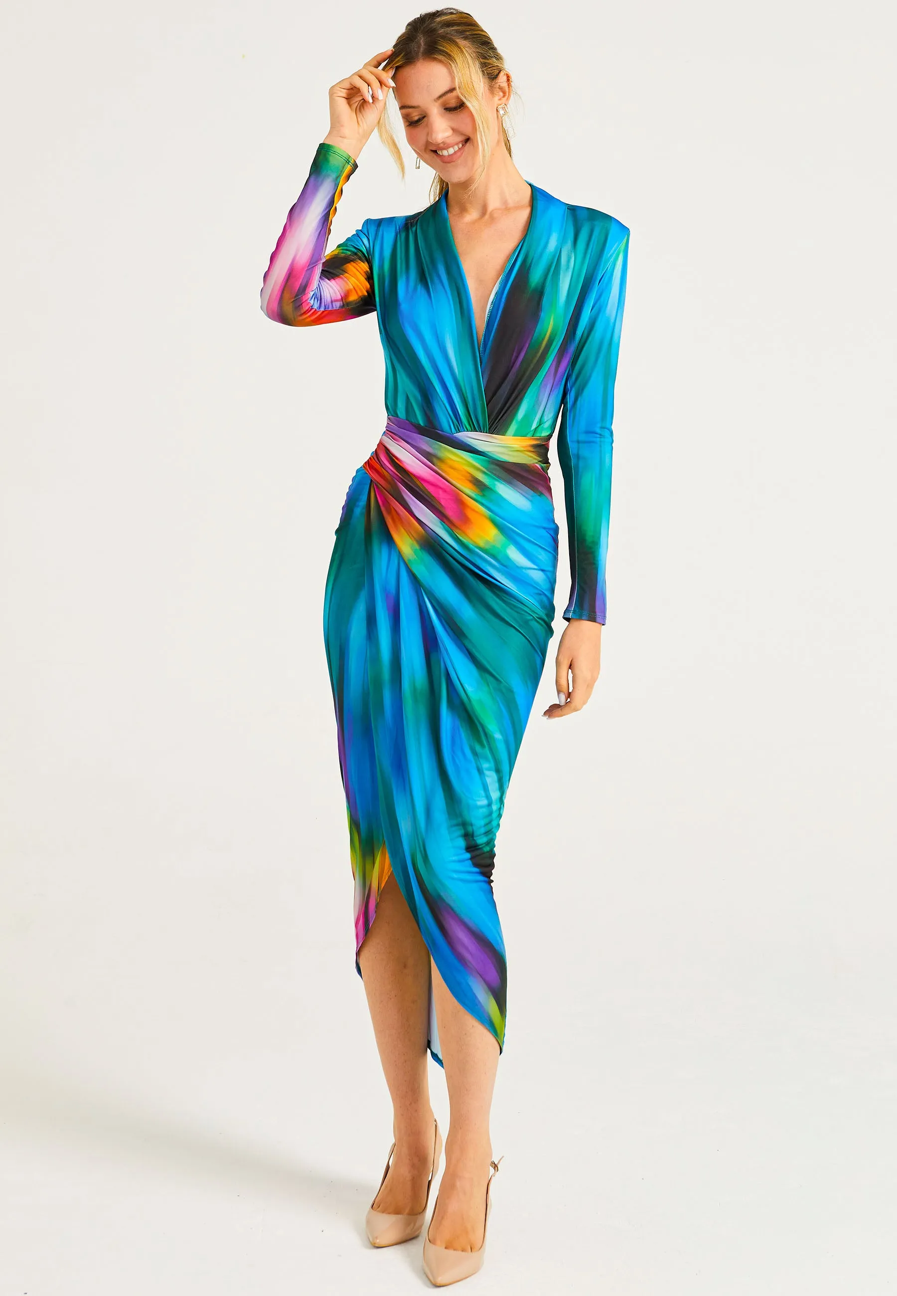 Plunge Neck Faux Wrap Print Midi Dress in Tie Dye