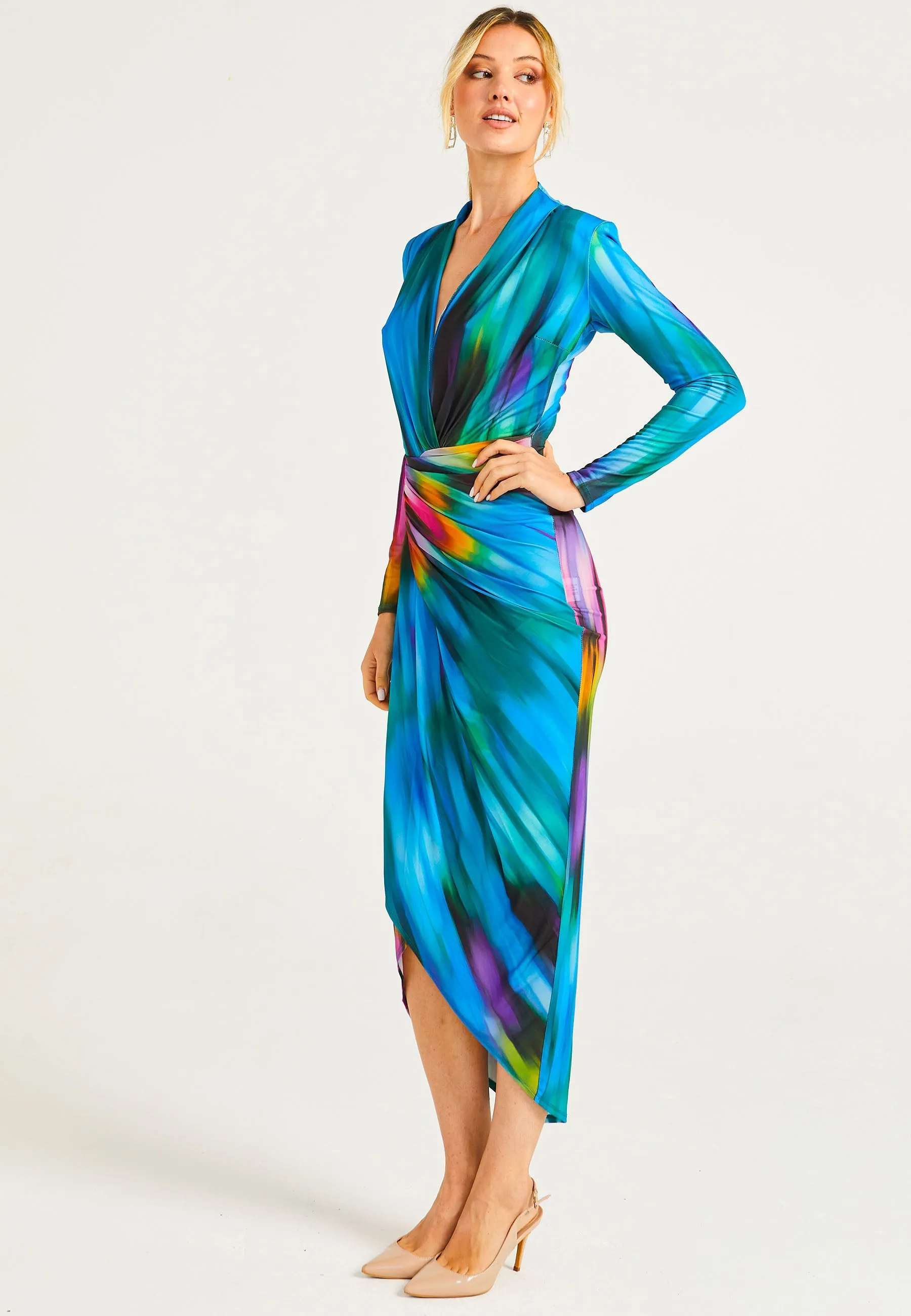 Plunge Neck Faux Wrap Print Midi Dress in Tie Dye