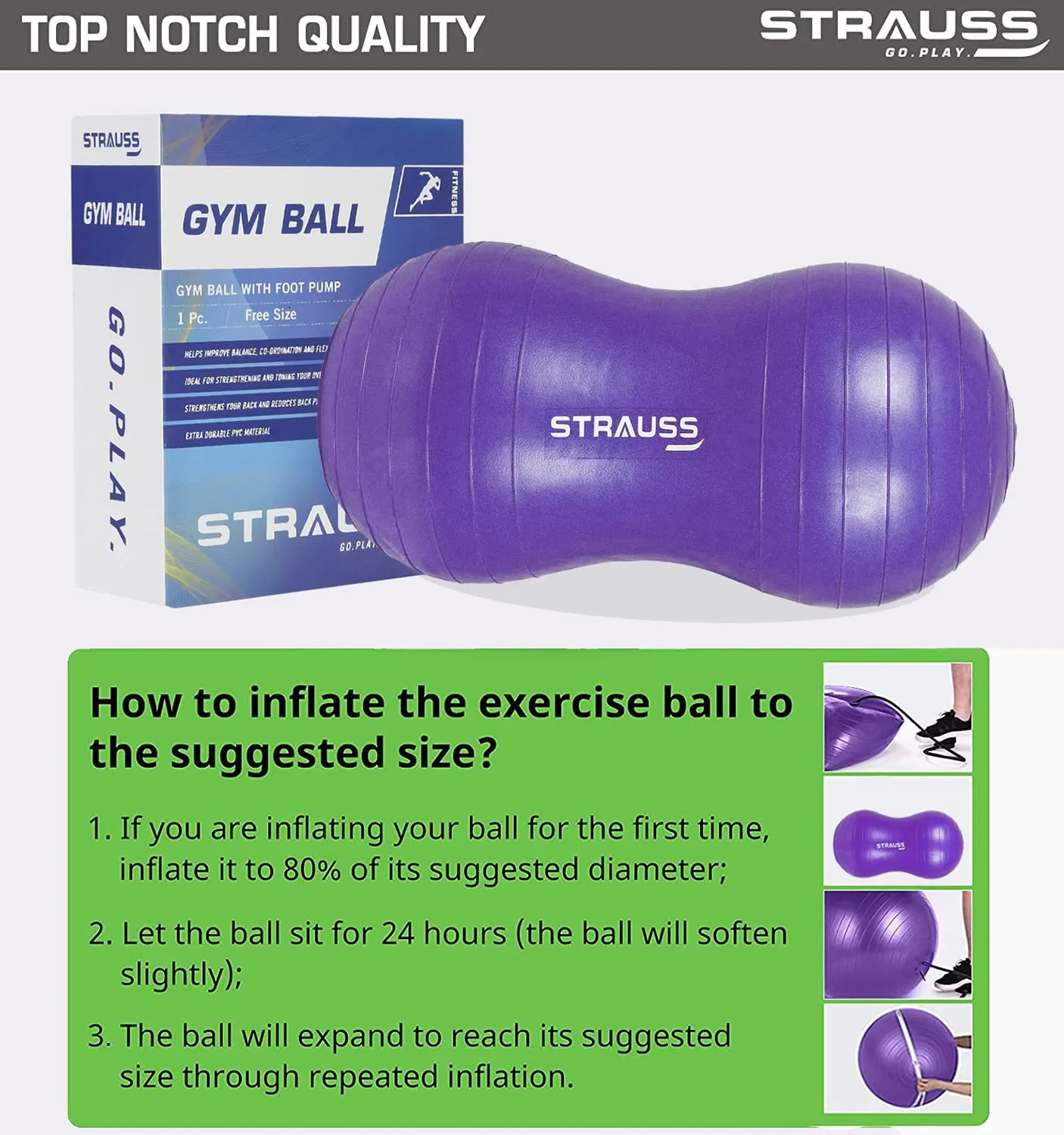 STRAUSS Rubber Anti-Burst Gym Ball, Peanut Shape, 95X45 cm, (Purple)