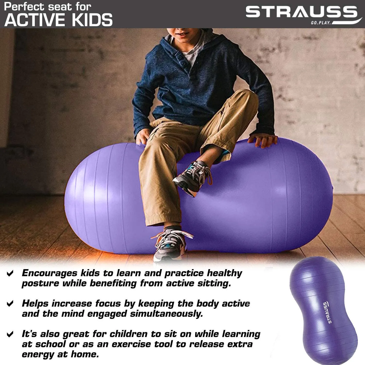 STRAUSS Rubber Anti-Burst Gym Ball, Peanut Shape, 95X45 cm, (Purple)