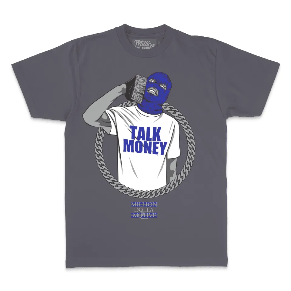 Talk Money Phone - Royal Blue on Dark Grey T-Shirt