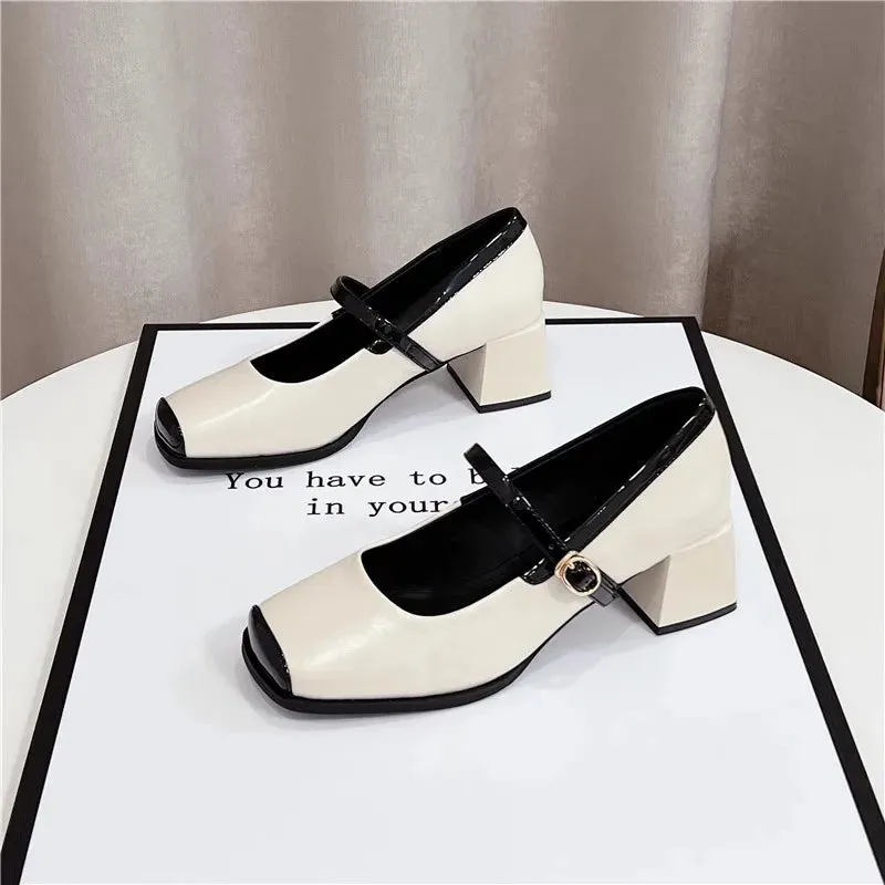 TAVIMART  -  White Туфли Женские Soft Leather Chunky Heeled Sandals Metal Buckle Woman Shoes Square Toe Zapatos Mujer 2024 Tendencia Spring