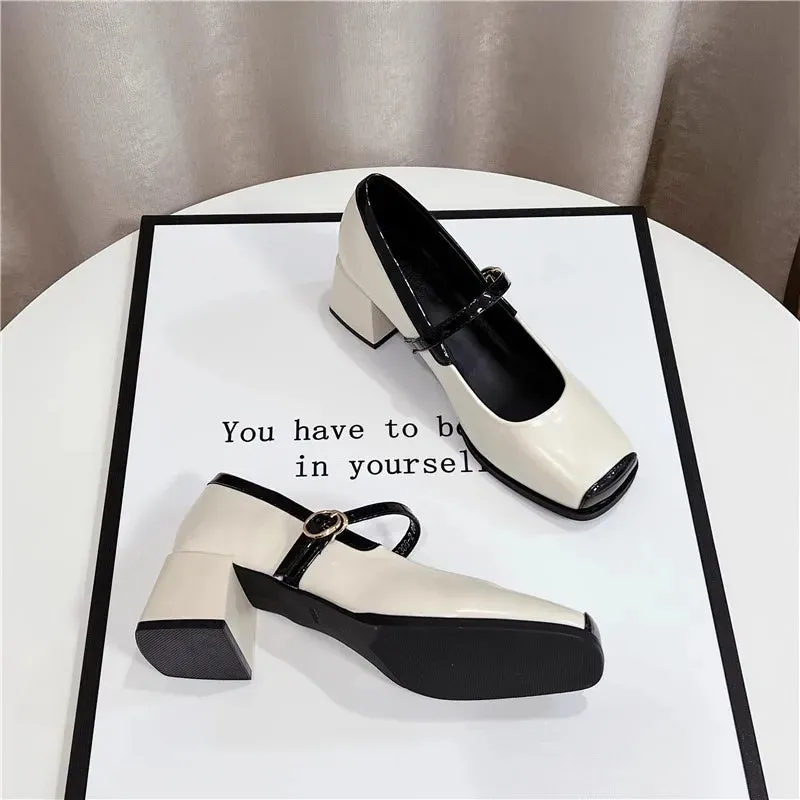 TAVIMART  -  White Туфли Женские Soft Leather Chunky Heeled Sandals Metal Buckle Woman Shoes Square Toe Zapatos Mujer 2024 Tendencia Spring