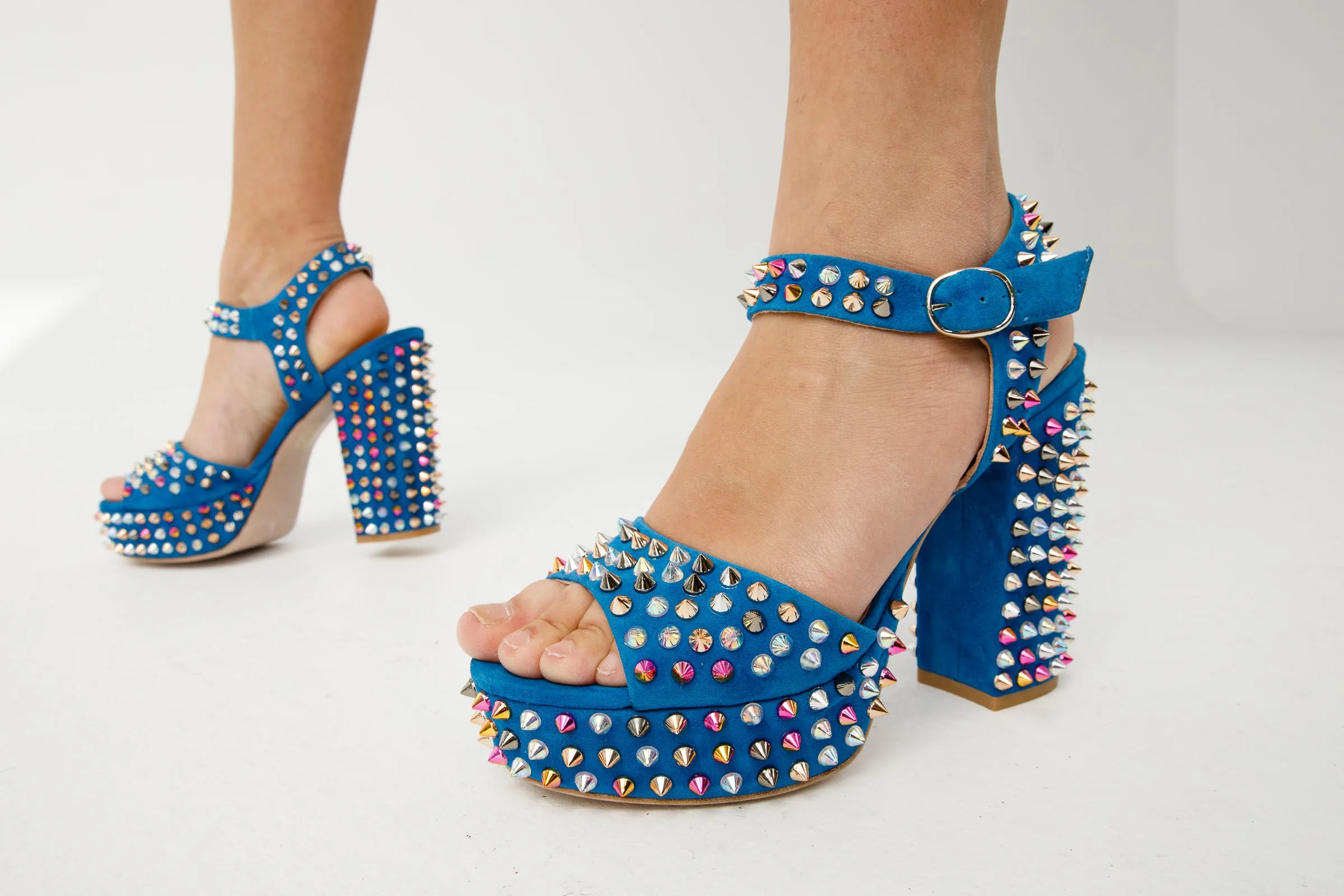 The Tampico Blue Suede Leather Spike Platform Heel Women Sandal