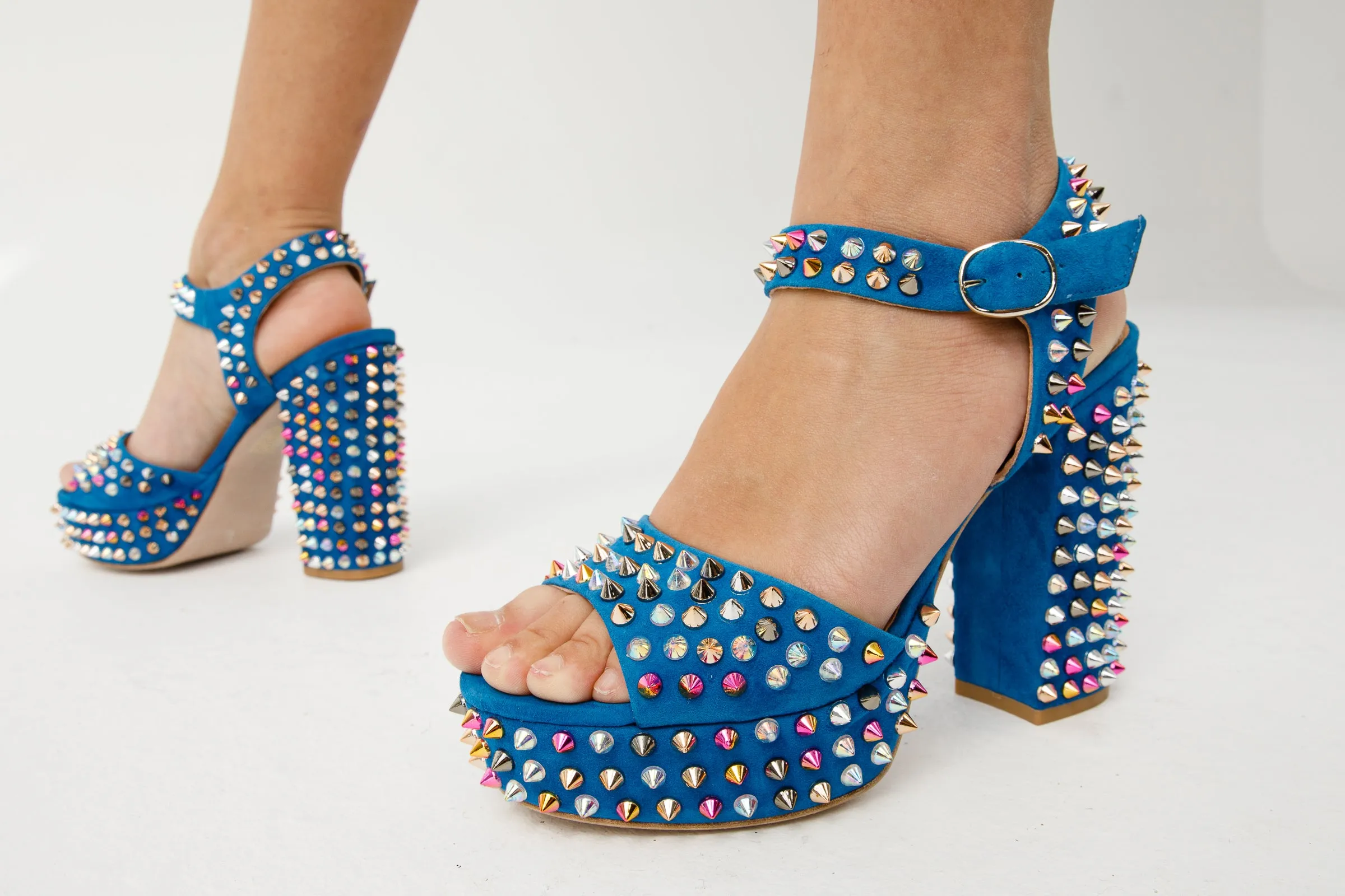 The Tampico Blue Suede Leather Spike Platform Heel Women Sandal