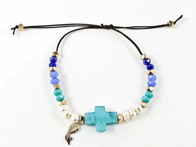 Unique Multi Color Bead With Turquoise Color Cross Charm Draw String Steel Bracelet