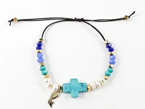 Unique Multi Color Bead With Turquoise Color Cross Charm Draw String Steel Bracelet