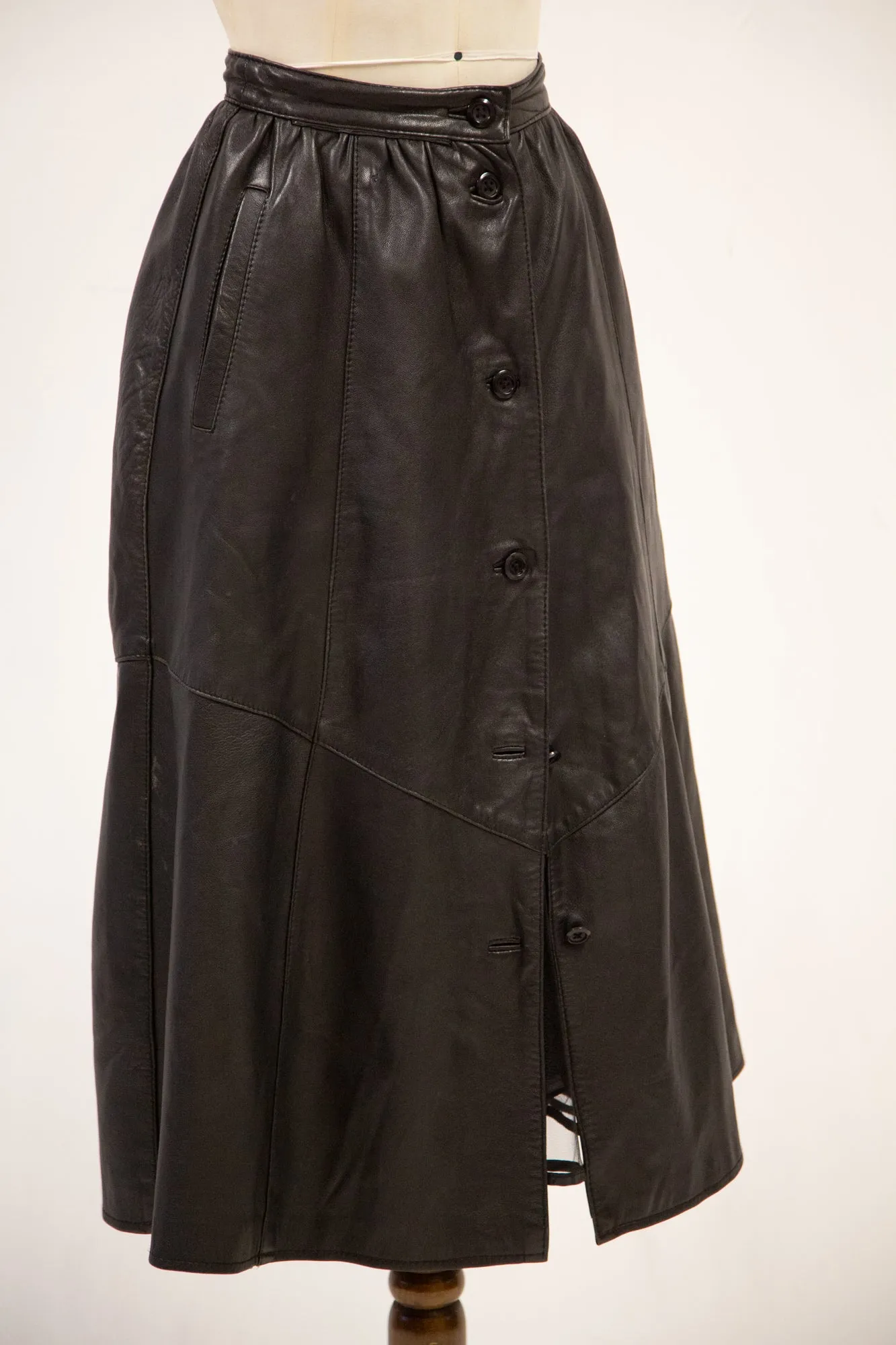 Vintage 1980s Black Leather Full Midi Skirt