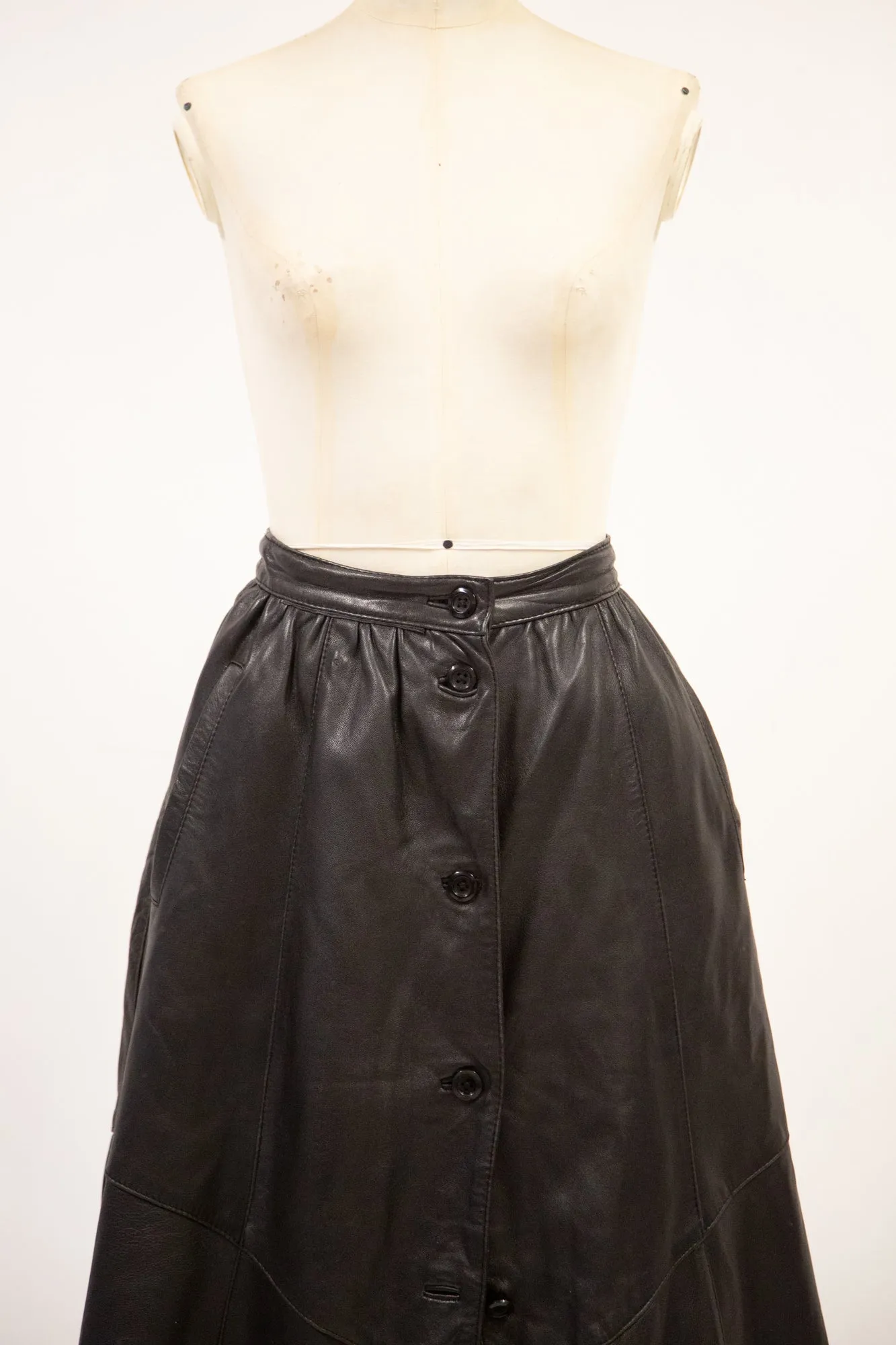 Vintage 1980s Black Leather Full Midi Skirt