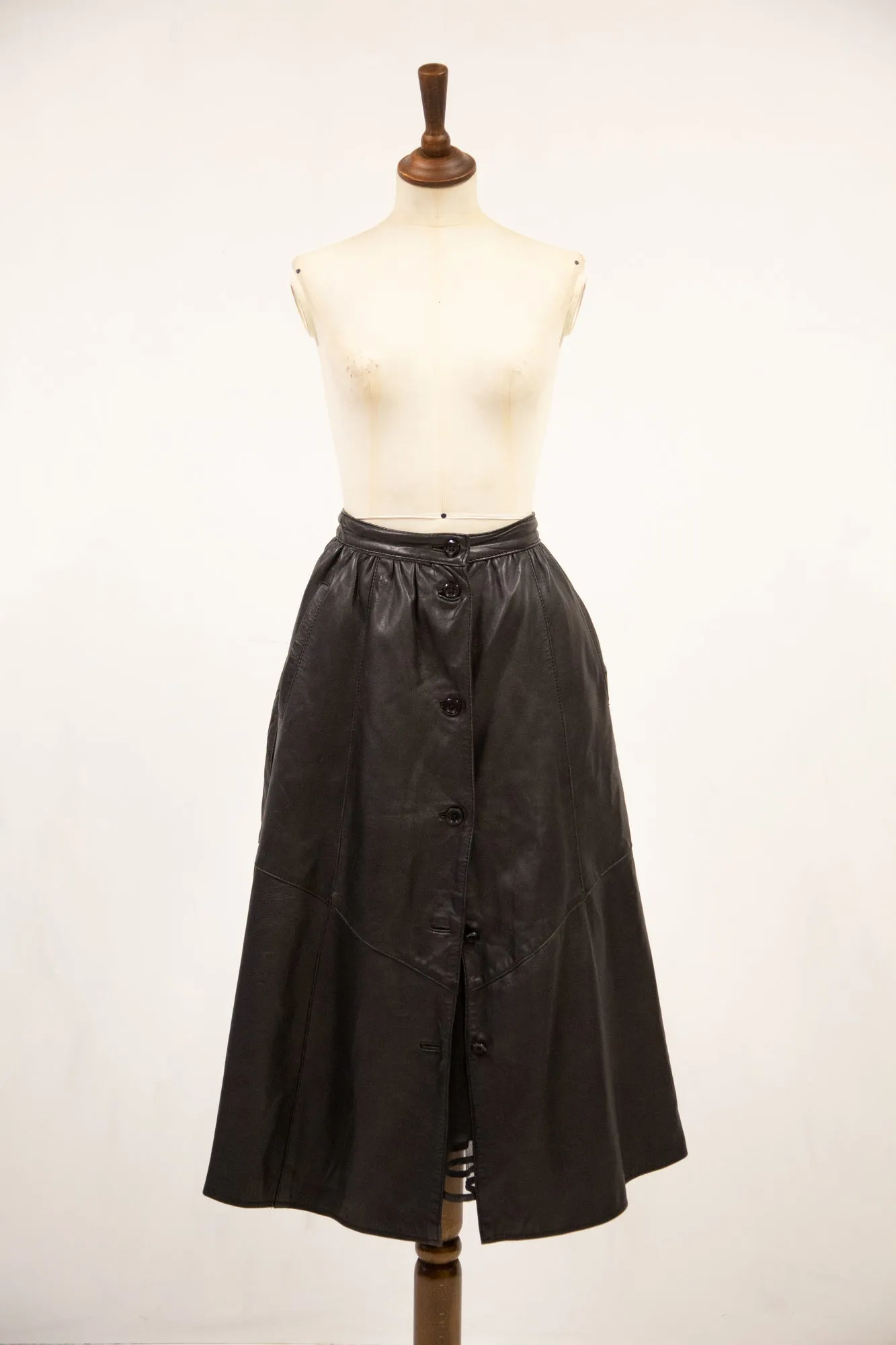 Vintage 1980s Black Leather Full Midi Skirt