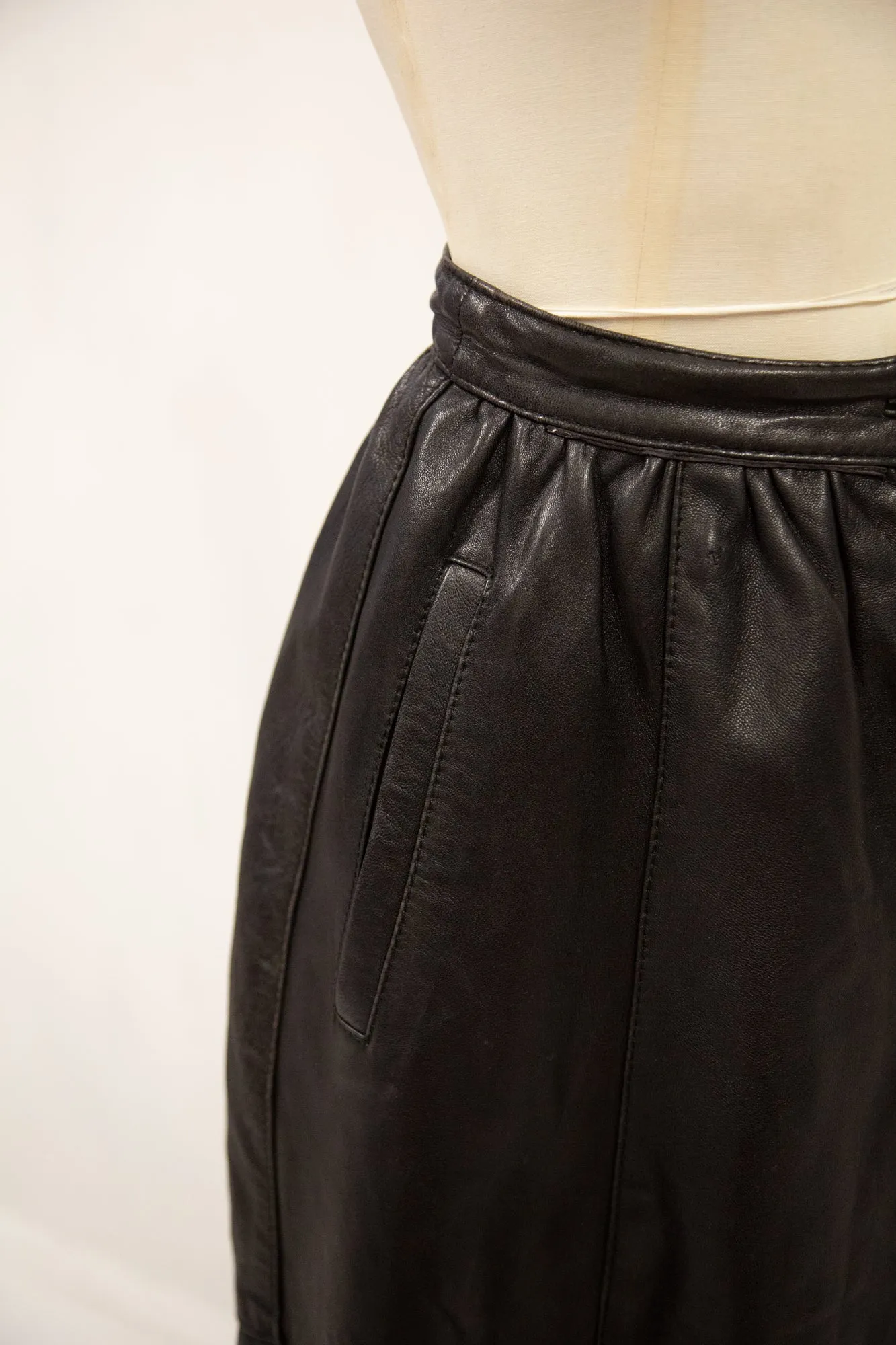 Vintage 1980s Black Leather Full Midi Skirt