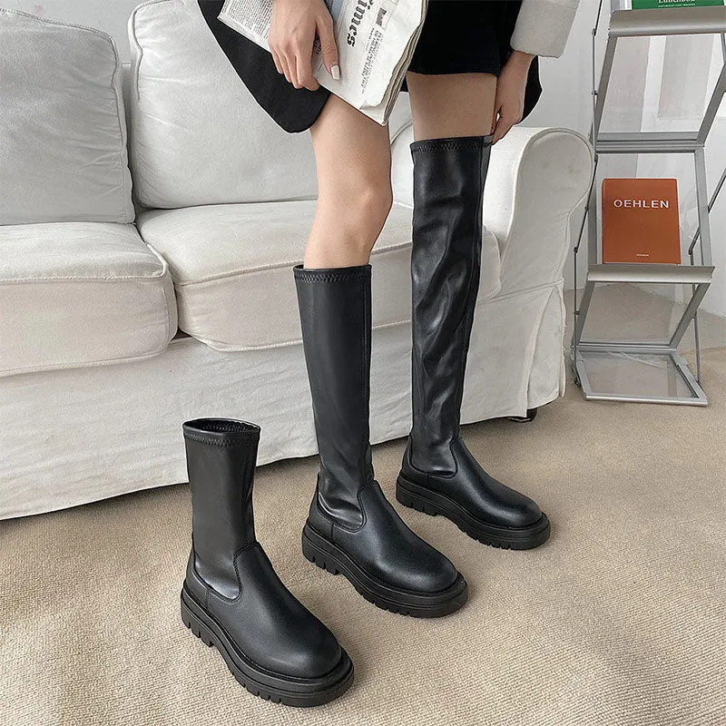 Women Ankle Boots Ladies Shoes Slip on Mid Calf Boots Platform Soft PU Leather Long Boot Footwear Woman Fashion Autumn Winter