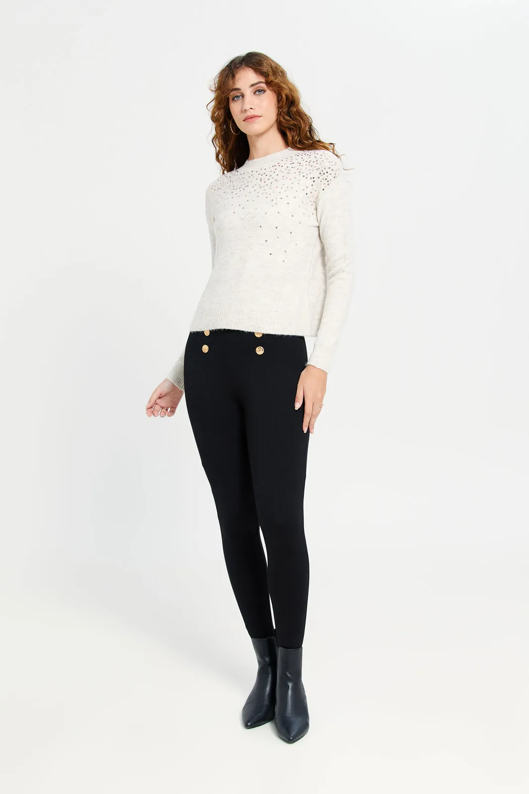 Women Beige Embellished Pullover