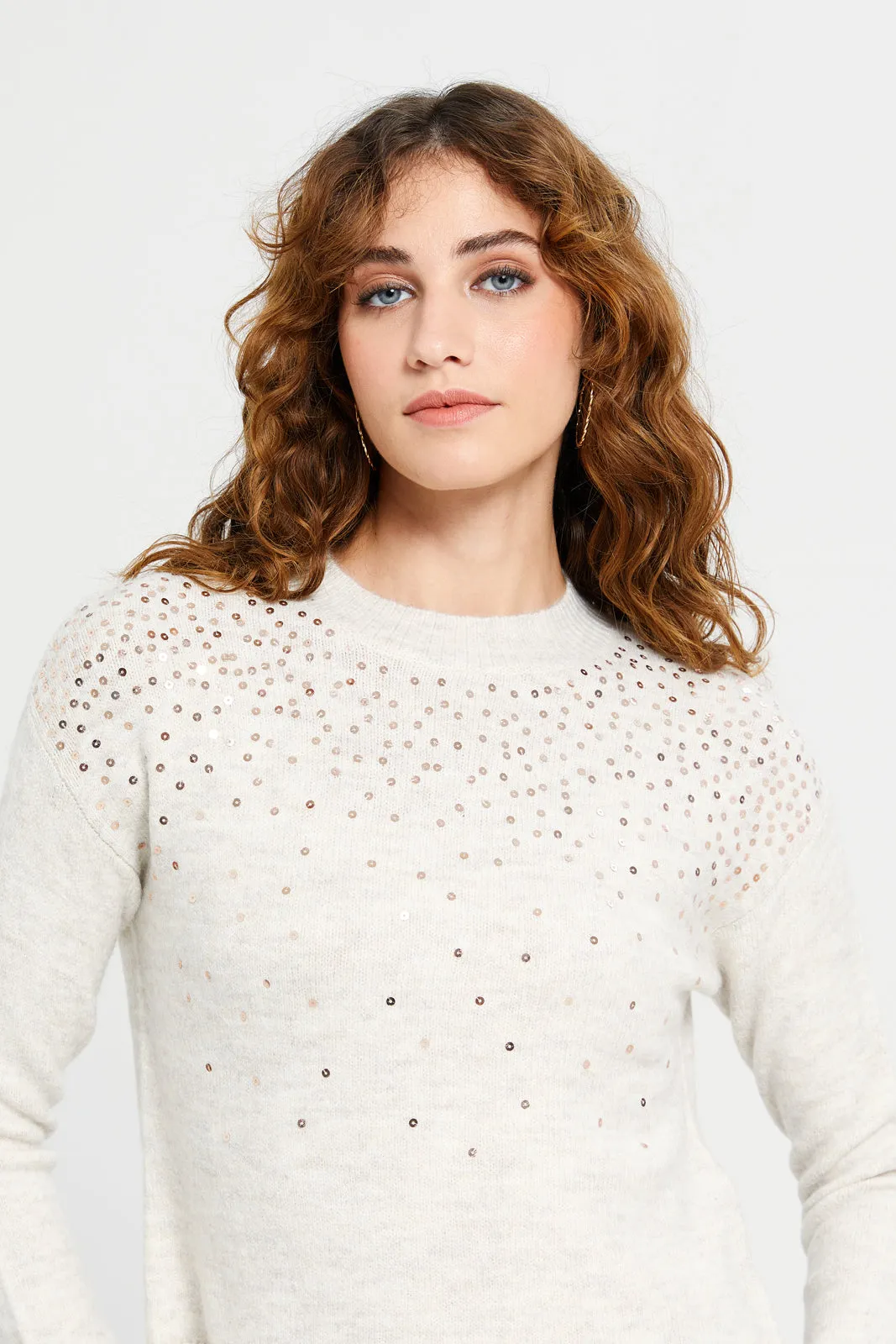 Women Beige Embellished Pullover